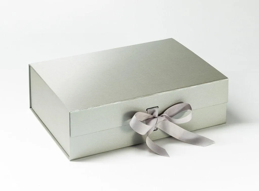 A4 Deep Pearlescent Silver Luxury Gift box with magnetic closure, and choice of ribbon (Pack of 12)
