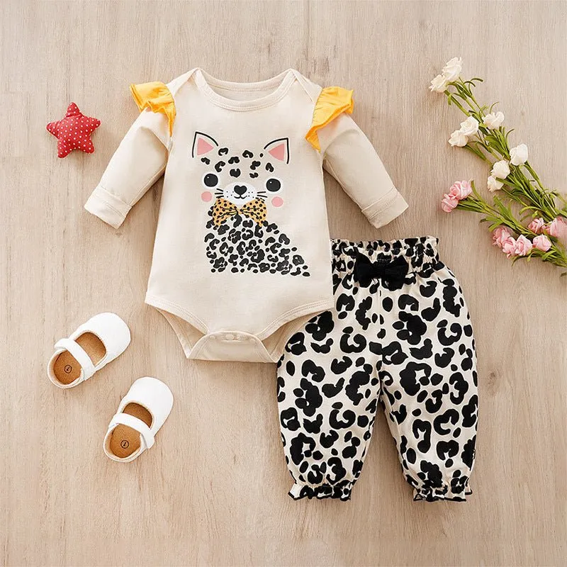 Baby Girl 2-Piece Adorable Prints Onesie with Pants Set (3 Designs)