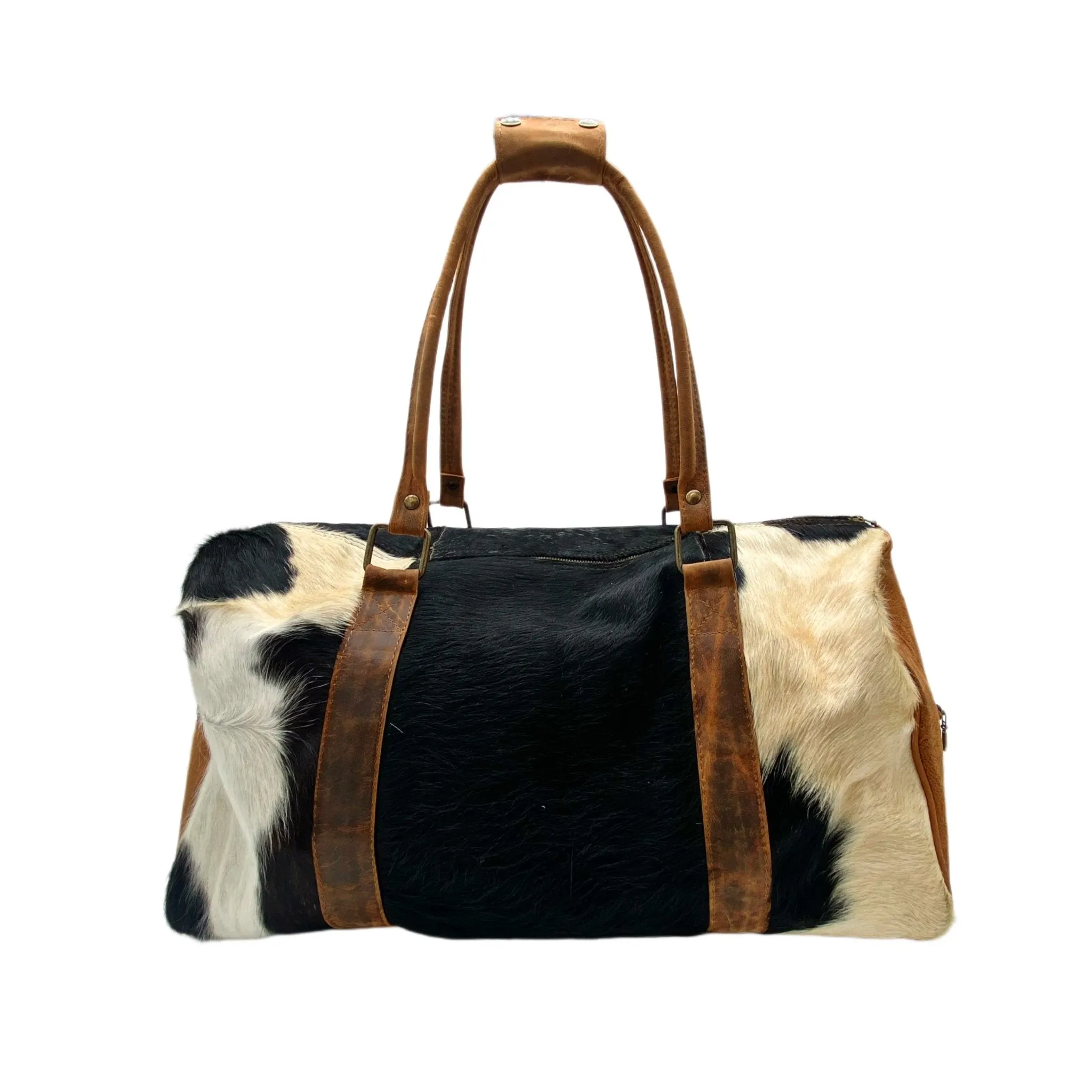 Black and White Spotted Cowhide Genuine Distressed Leather Barrel Duffel Bag