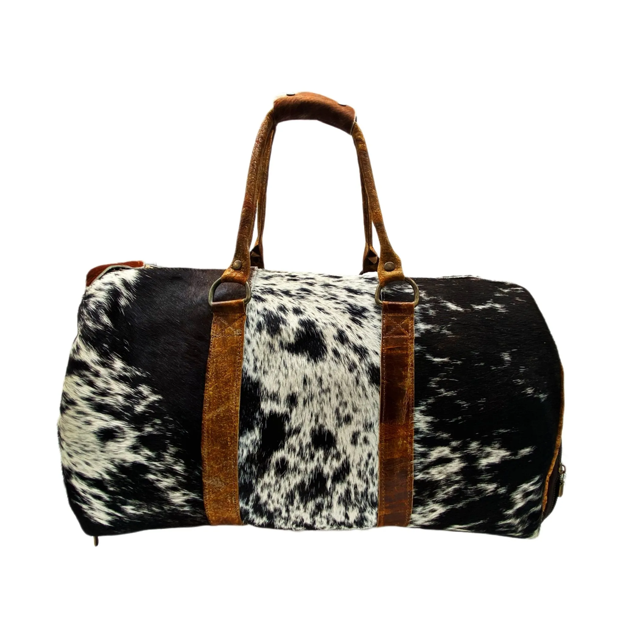 Black and White Spotted Cowhide Genuine Distressed Leather Barrel Duffel Bag
