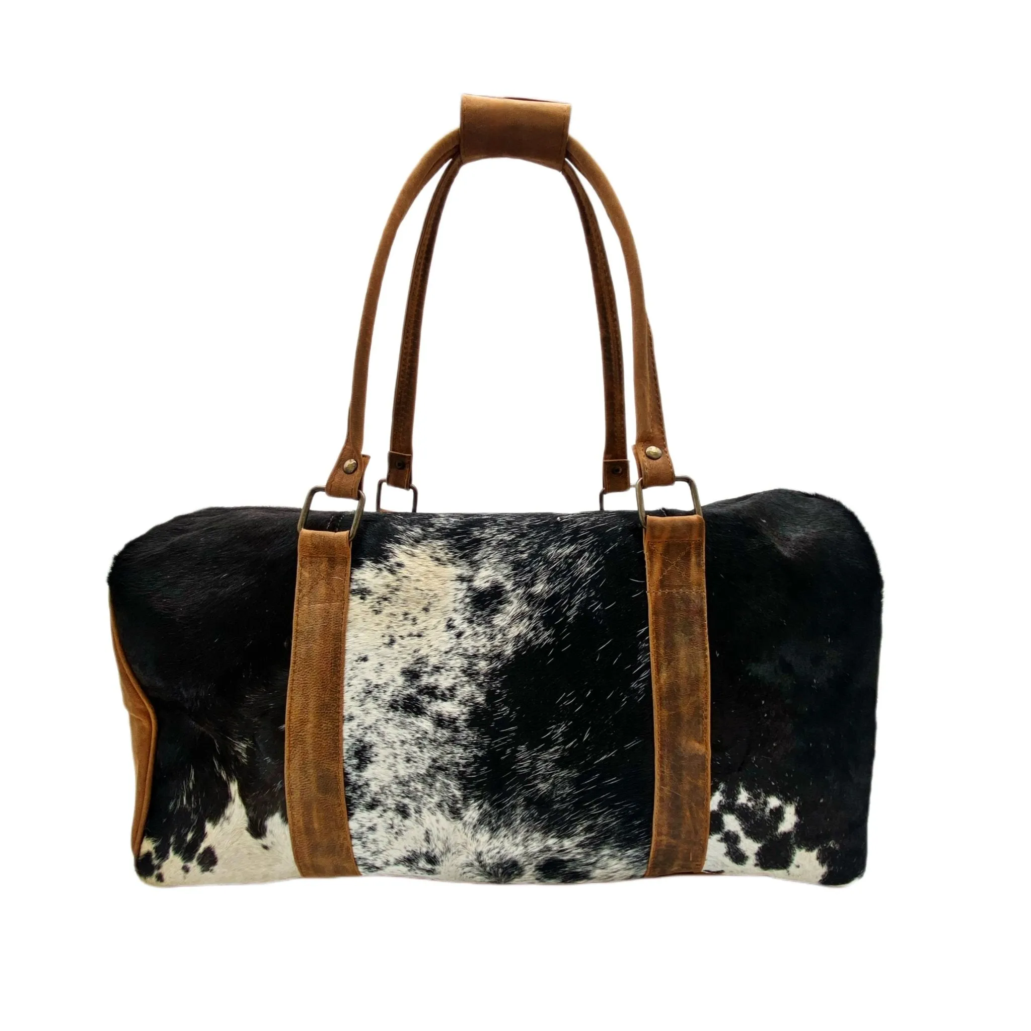 Black and White Spotted Cowhide Genuine Distressed Leather Barrel Duffel Bag