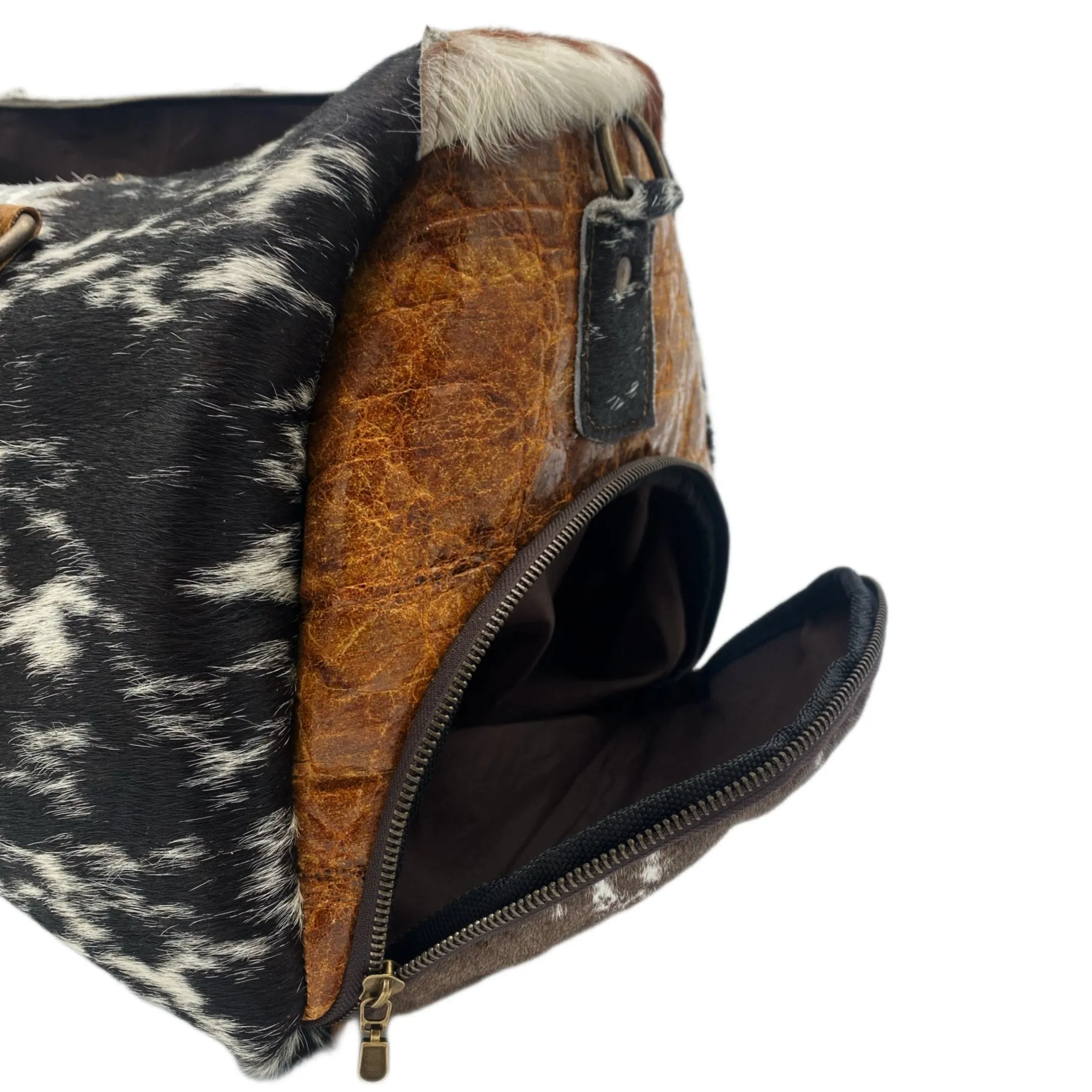 Black and White Spotted Cowhide Genuine Distressed Leather Barrel Duffel Bag
