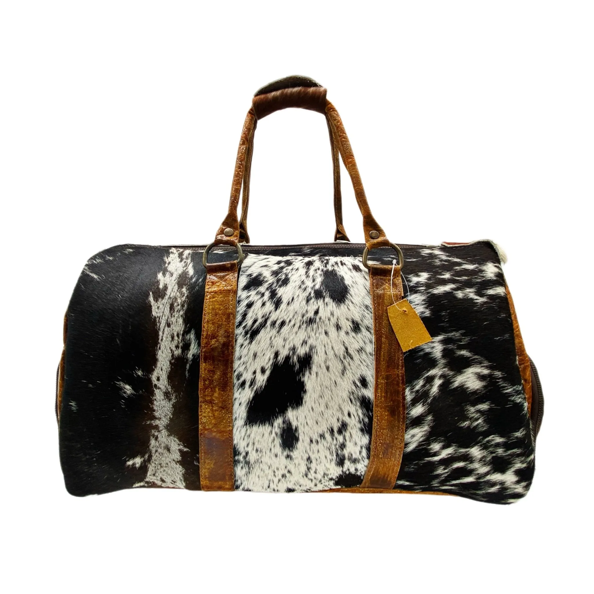 Black and White Spotted Cowhide Genuine Distressed Leather Barrel Duffel Bag