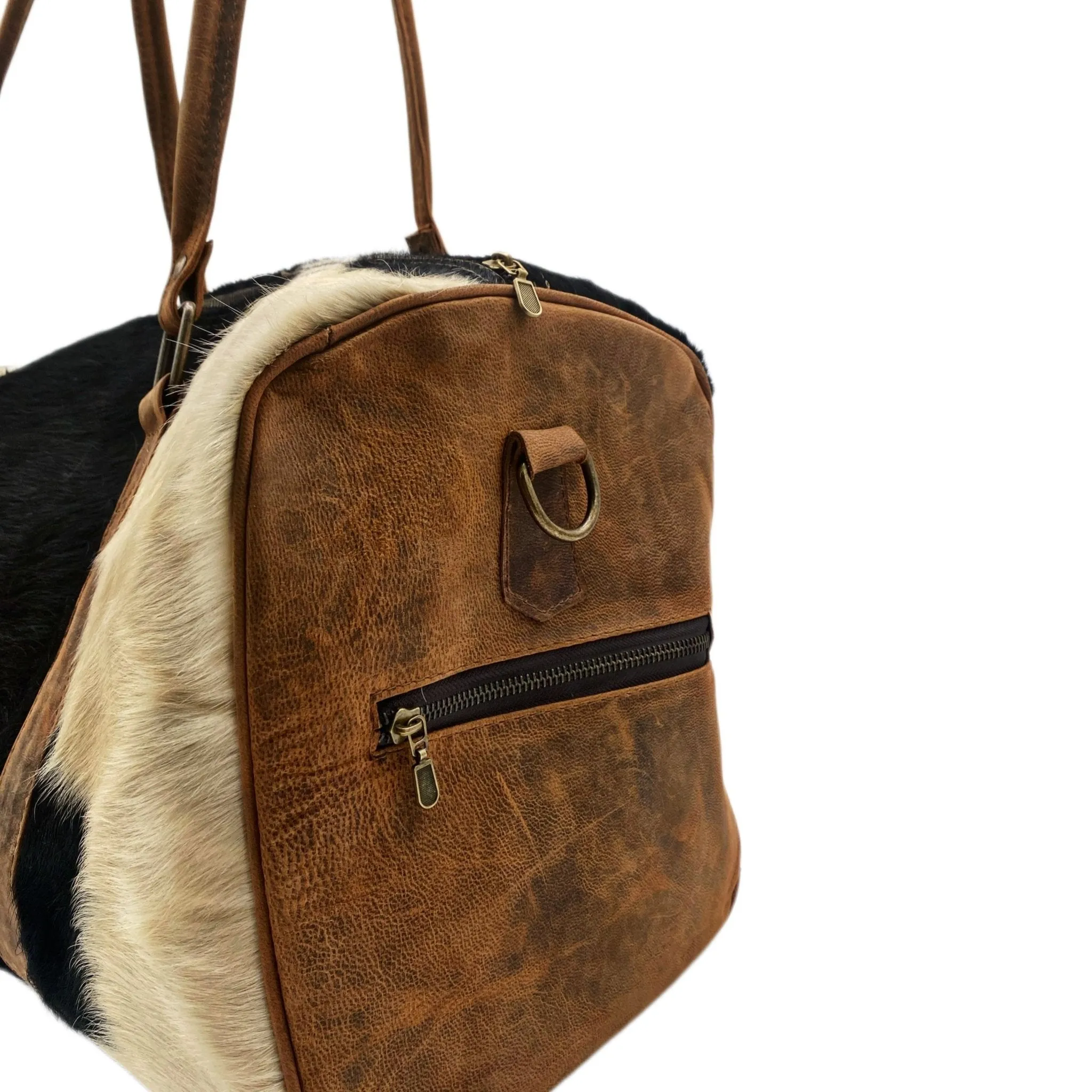 Black and White Spotted Cowhide Genuine Distressed Leather Barrel Duffel Bag