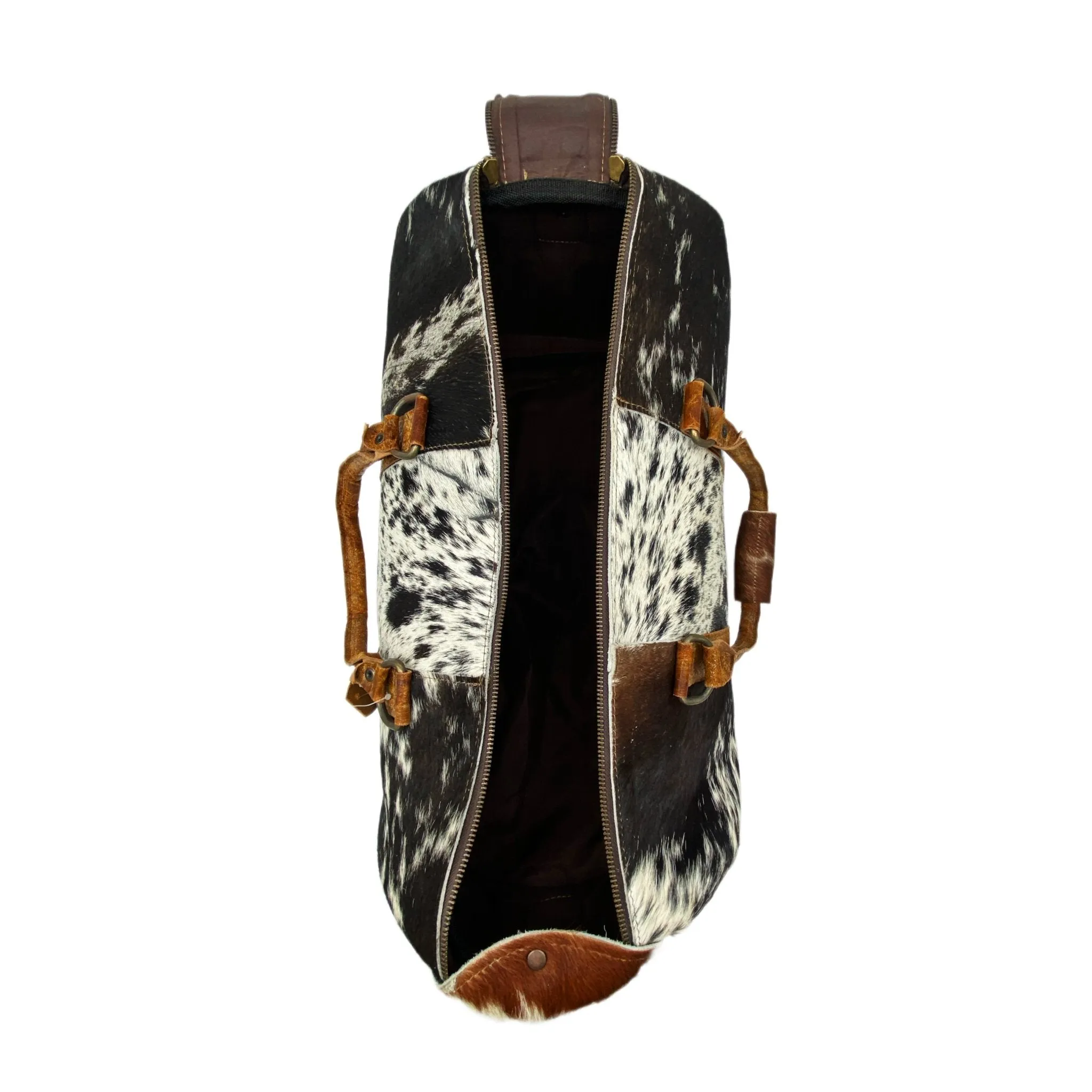Black and White Spotted Cowhide Genuine Distressed Leather Barrel Duffel Bag