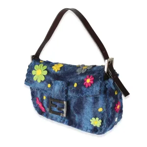 Blue Multicolor Wool Flower Baguette Bag