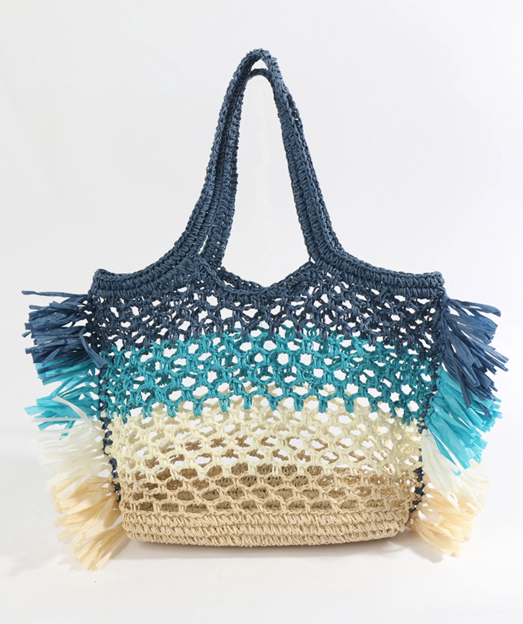 Blue Striped Bag with Twin Top Handles and Interior Pockets