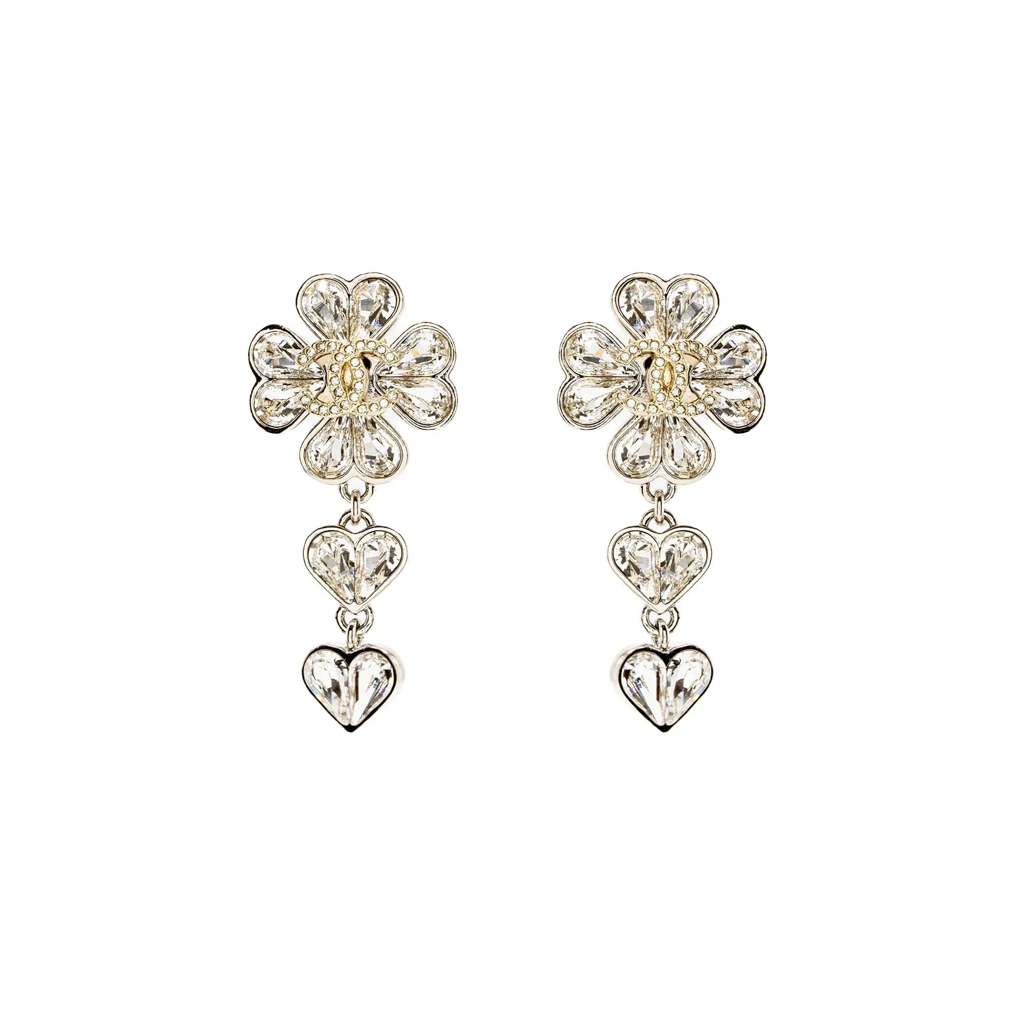 Chanel CC Clover Heart Drop Earrings Crystal Silver Tone