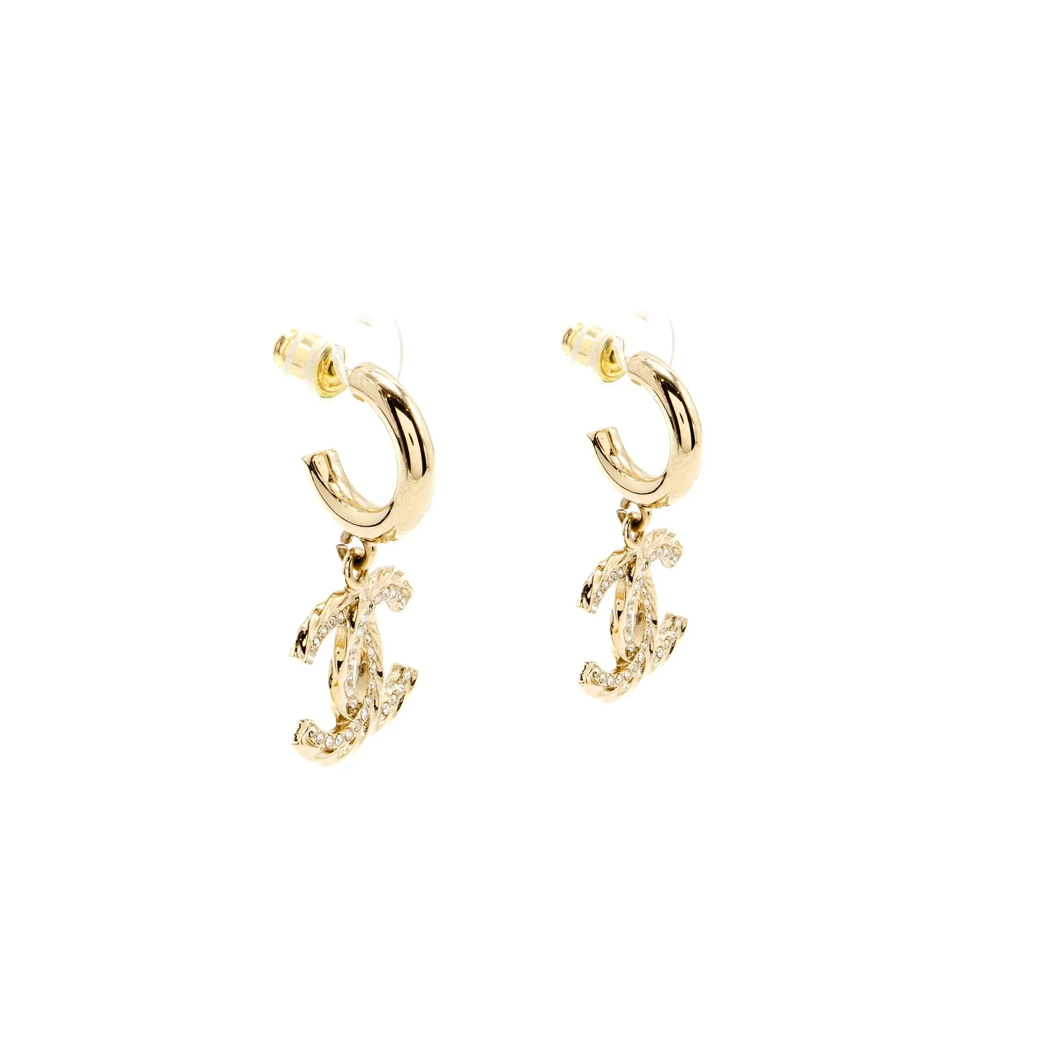 Chanel CC Drop Earrings Crystal Light Gold Tone