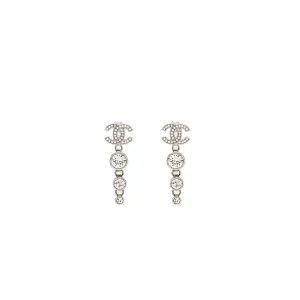 Chanel CC Logo Crystal Drop Earring Silver Tone
