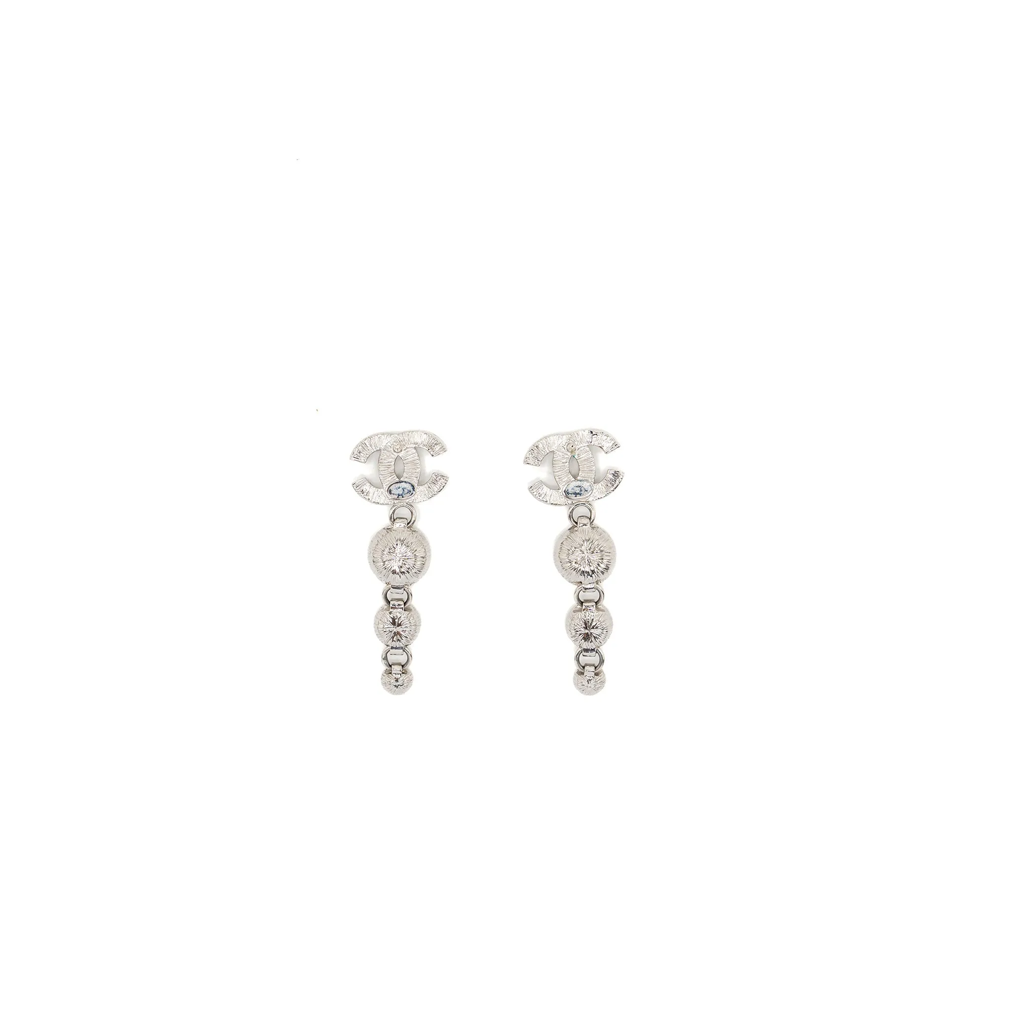 Chanel CC Logo Crystal Drop Earring Silver Tone
