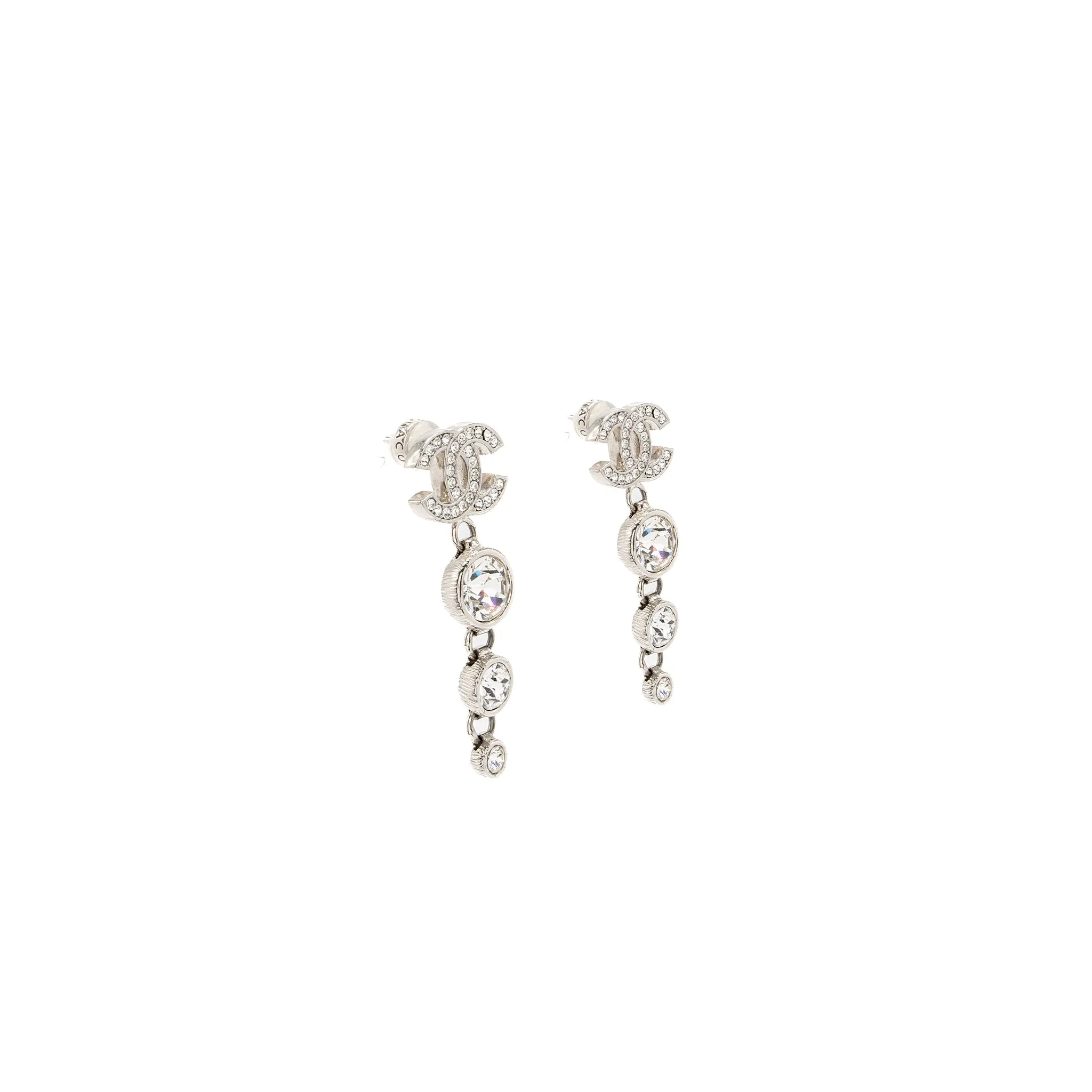 Chanel CC Logo Crystal Drop Earring Silver Tone