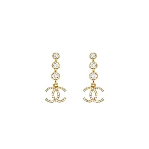 Chanel CC Logo Dropped Earrings Crystal Light Gold Tone