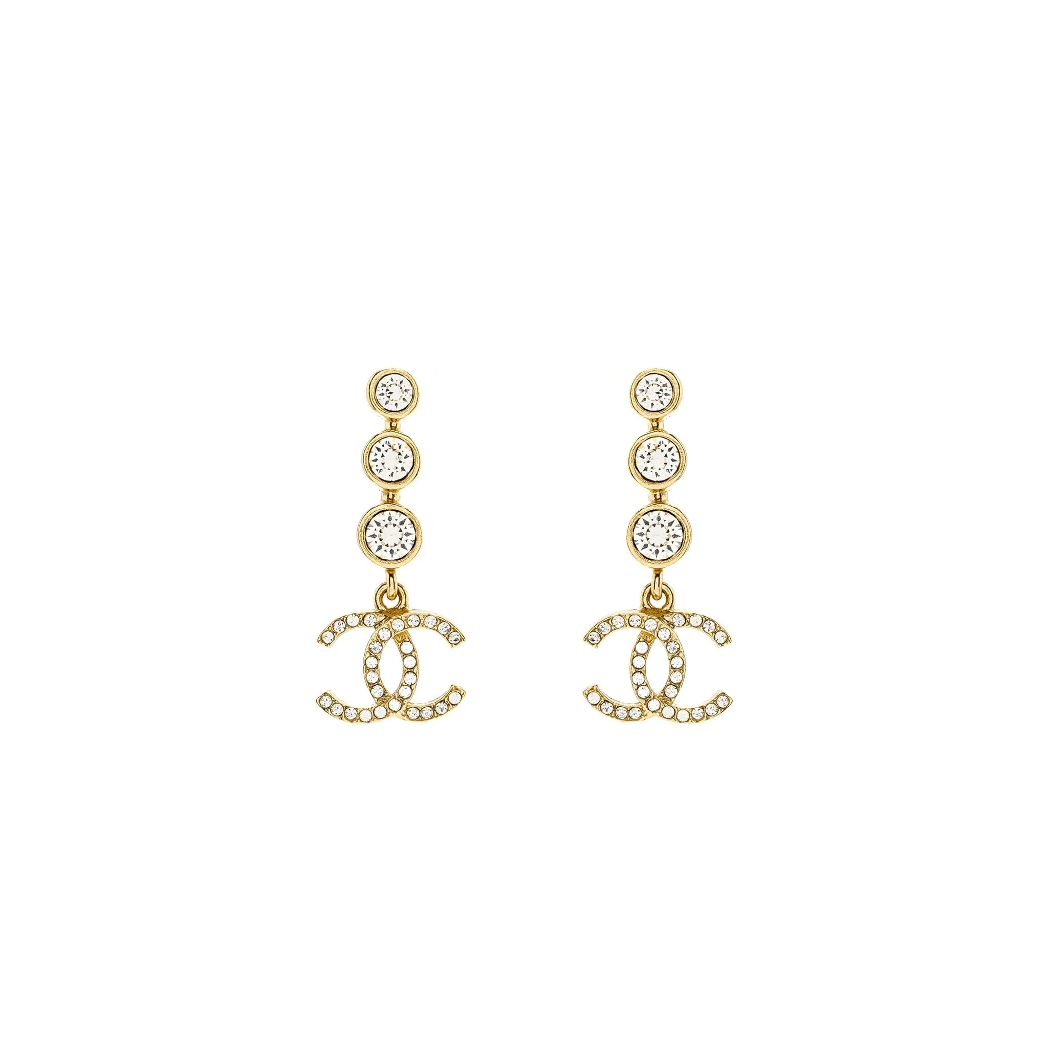 Chanel CC Logo Dropped Earrings Crystal Light Gold Tone