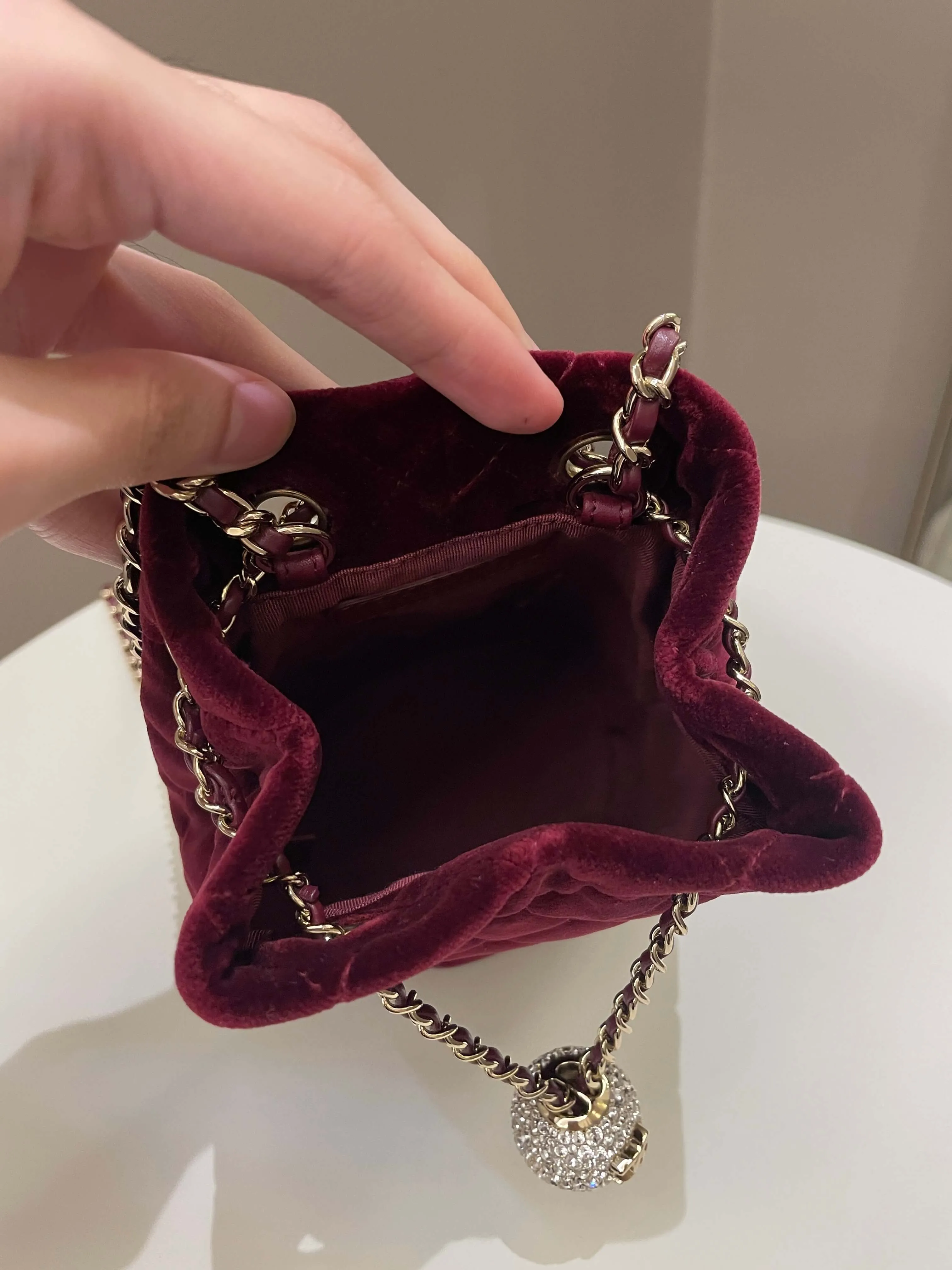 Chanel Diamanté Strass Drawstring Bag Dark Wine Velvet
