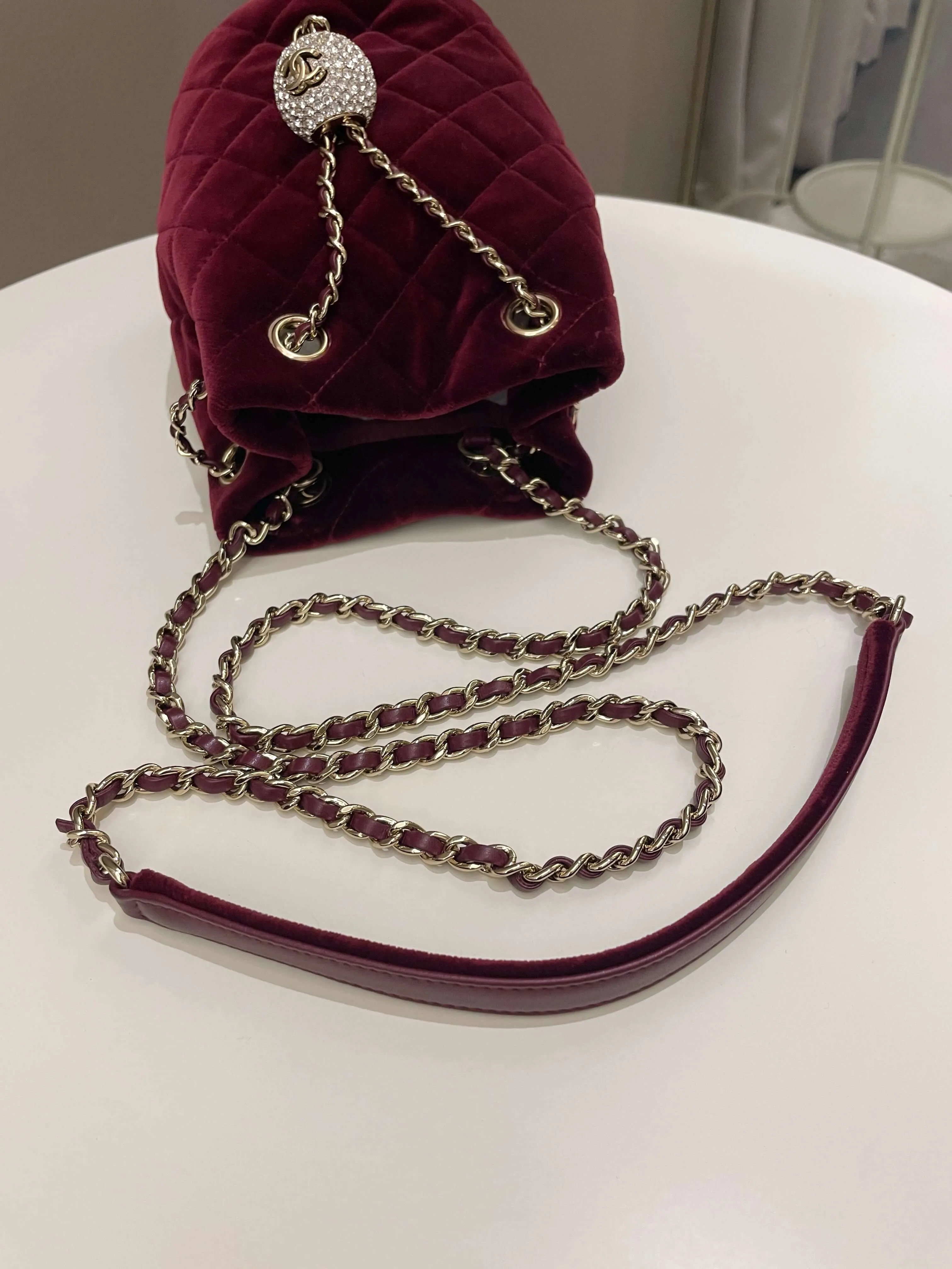 Chanel Diamanté Strass Drawstring Bag Dark Wine Velvet