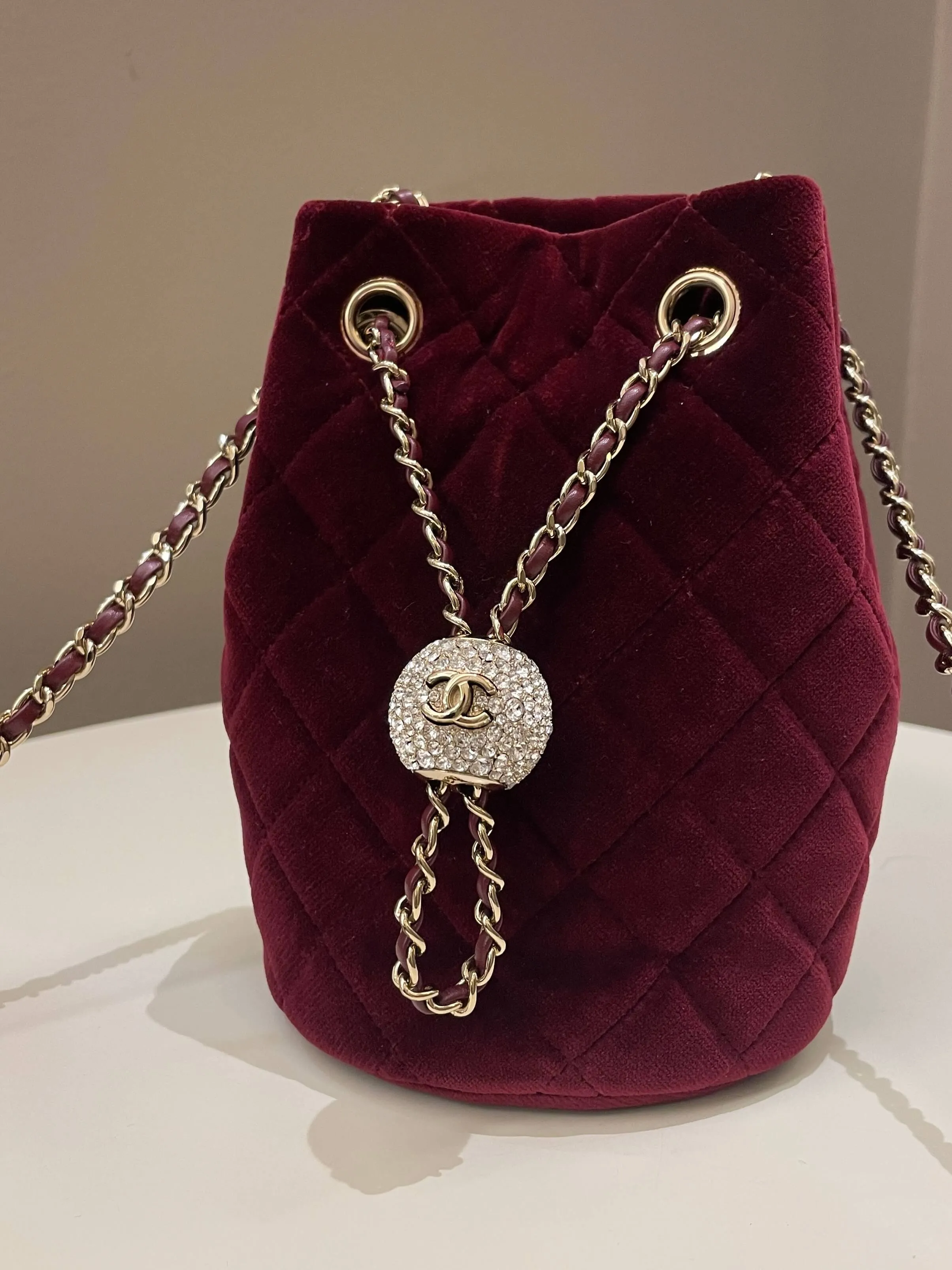Chanel Diamanté Strass Drawstring Bag Dark Wine Velvet