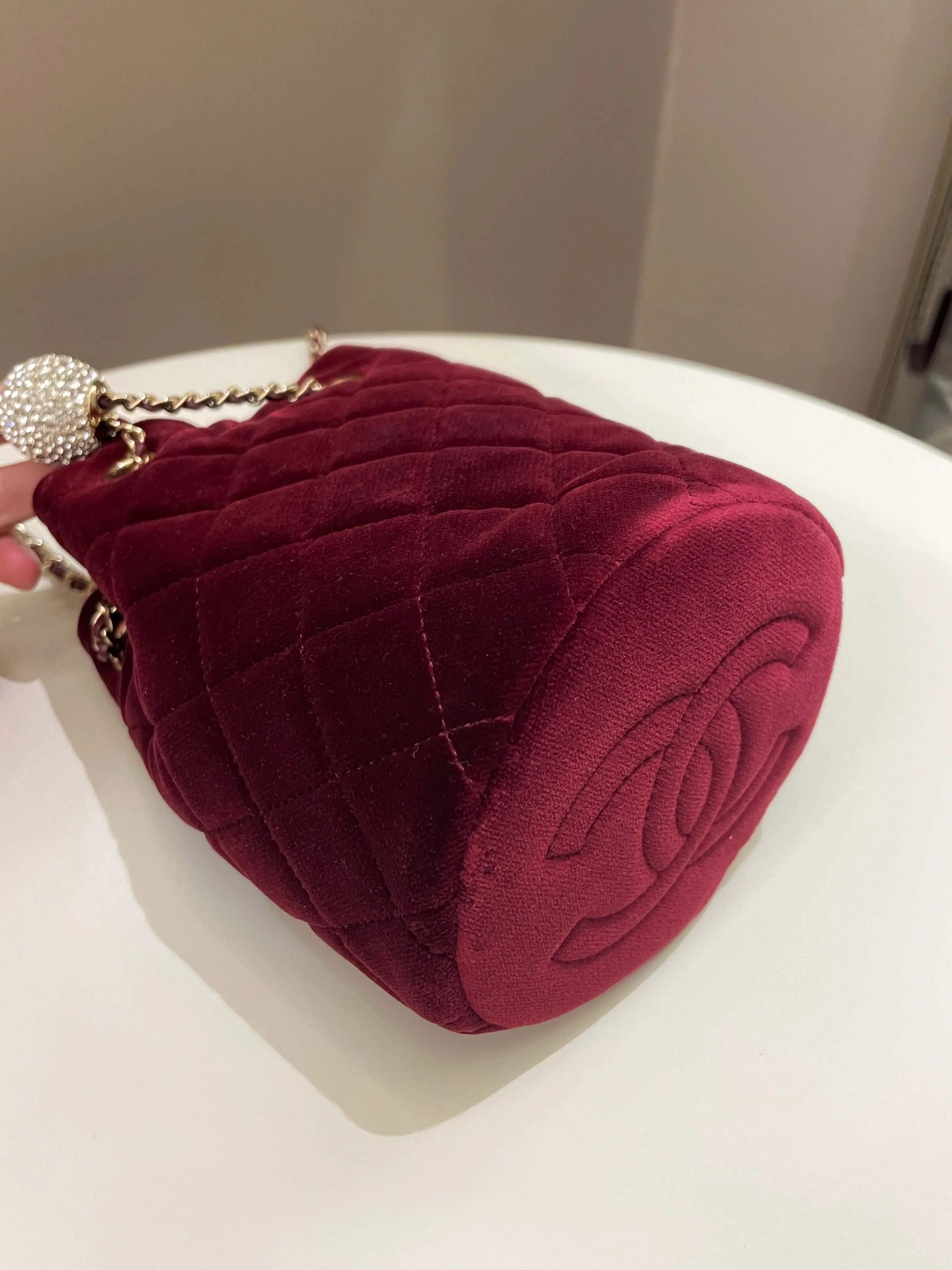 Chanel Diamanté Strass Drawstring Bag Dark Wine Velvet