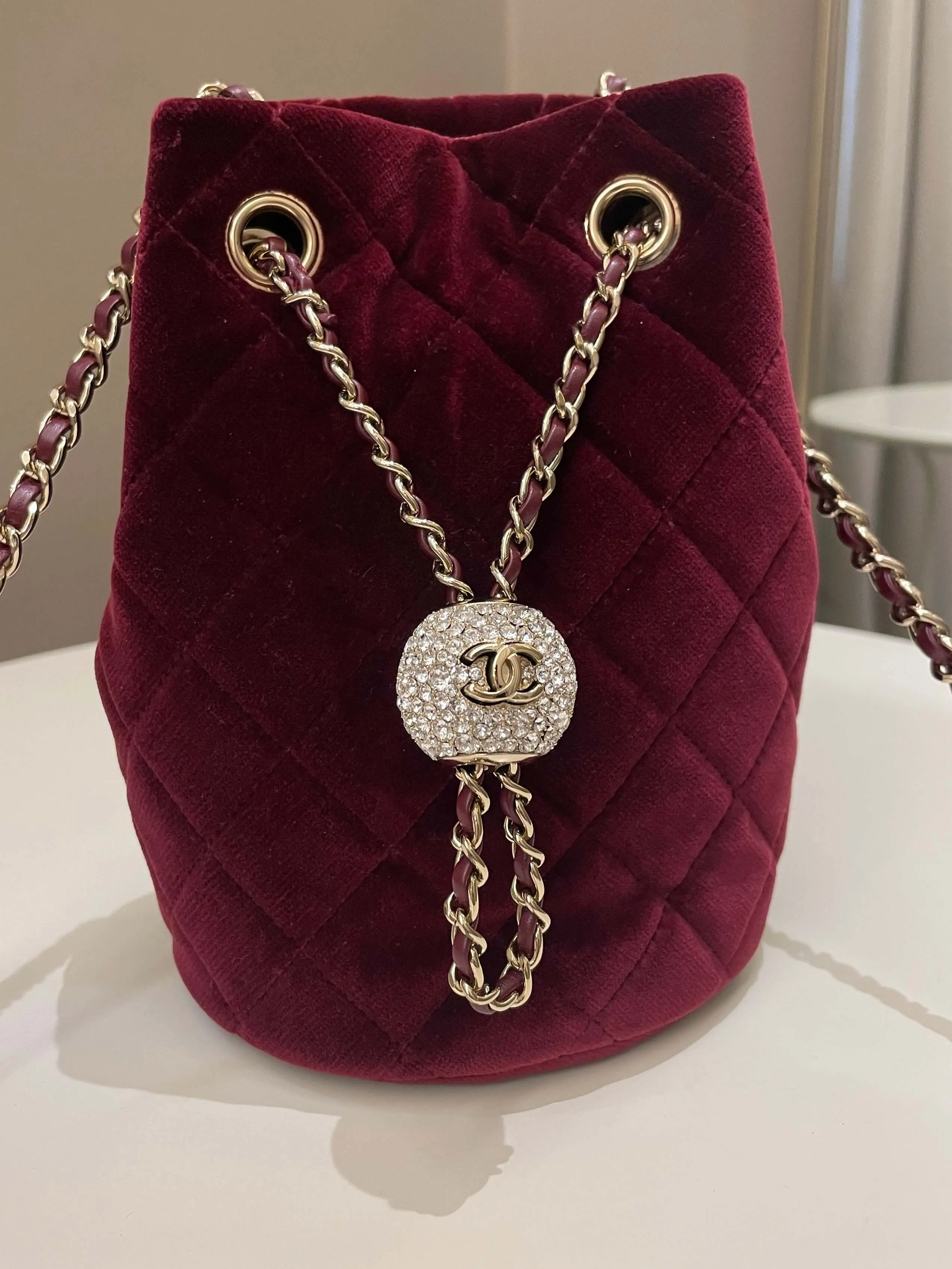 Chanel Diamanté Strass Drawstring Bag Dark Wine Velvet