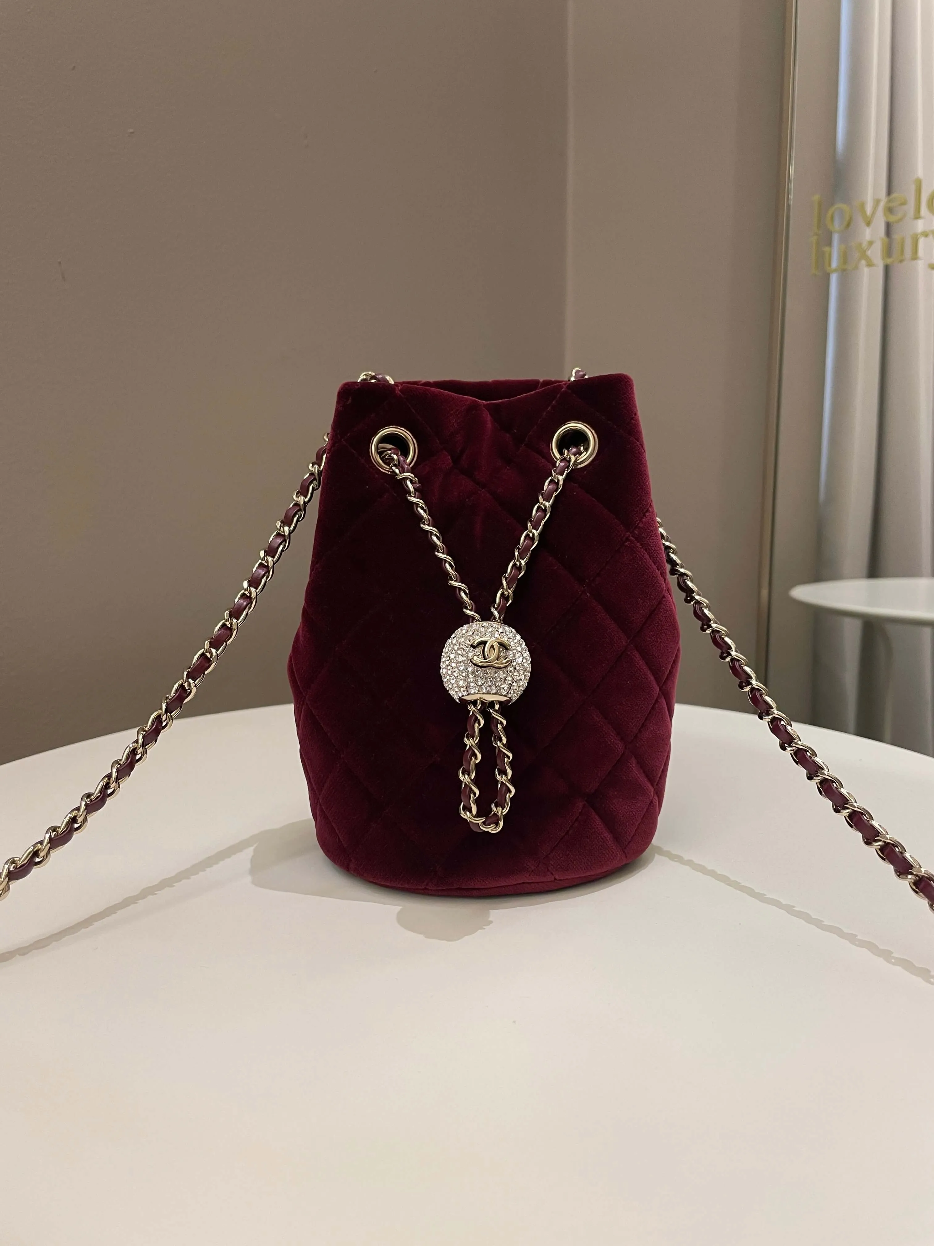 Chanel Diamanté Strass Drawstring Bag Dark Wine Velvet
