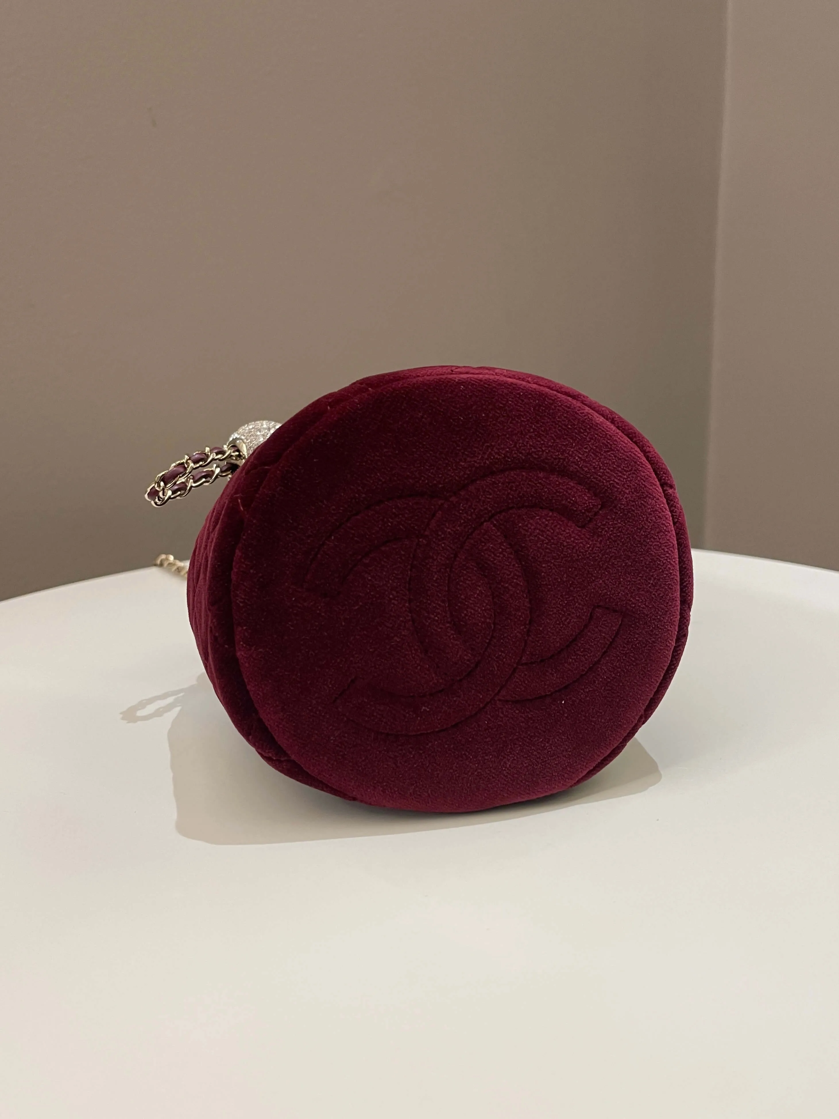 Chanel Diamanté Strass Drawstring Bag Dark Wine Velvet