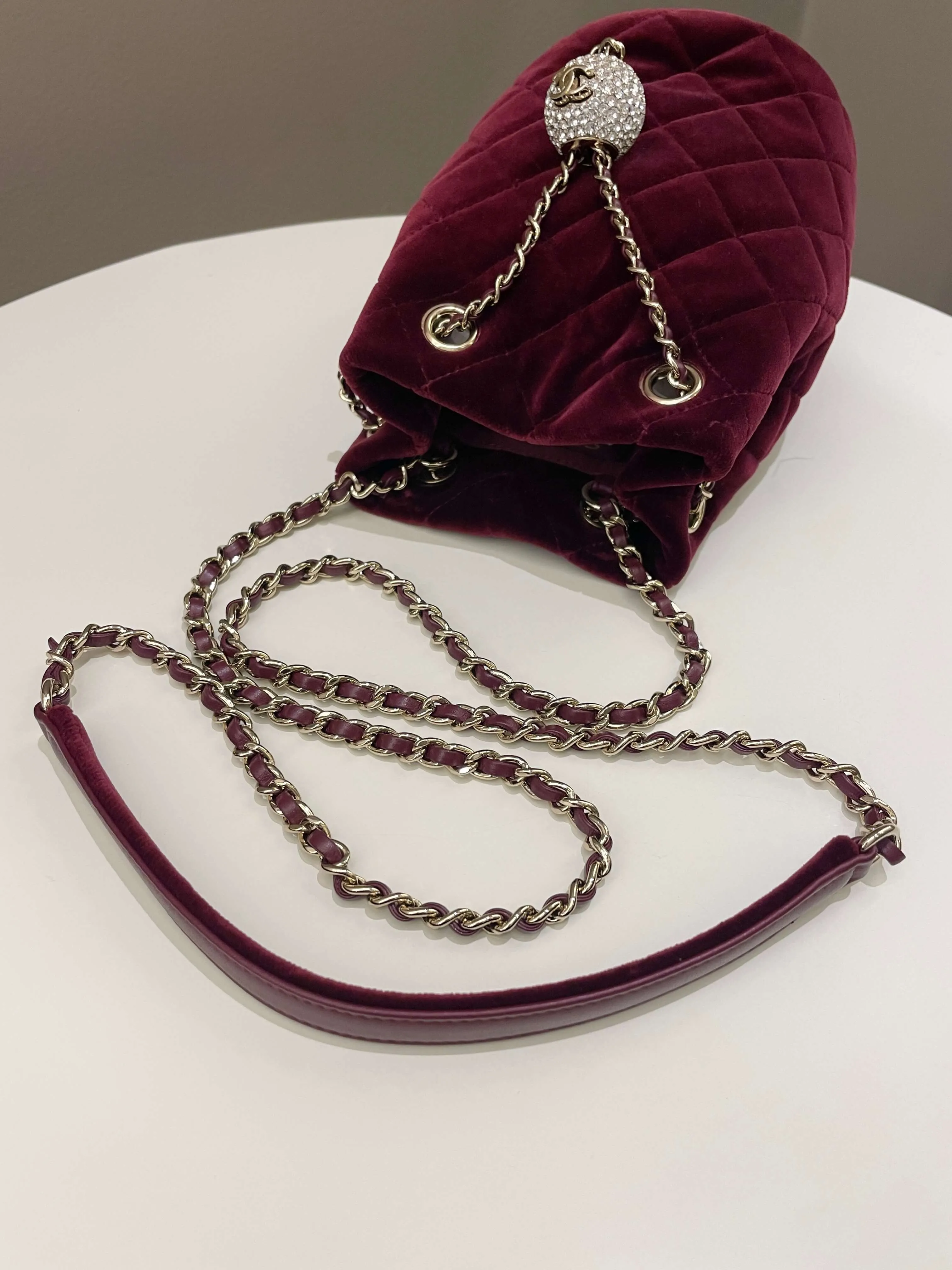 Chanel Diamanté Strass Drawstring Bag Dark Wine Velvet