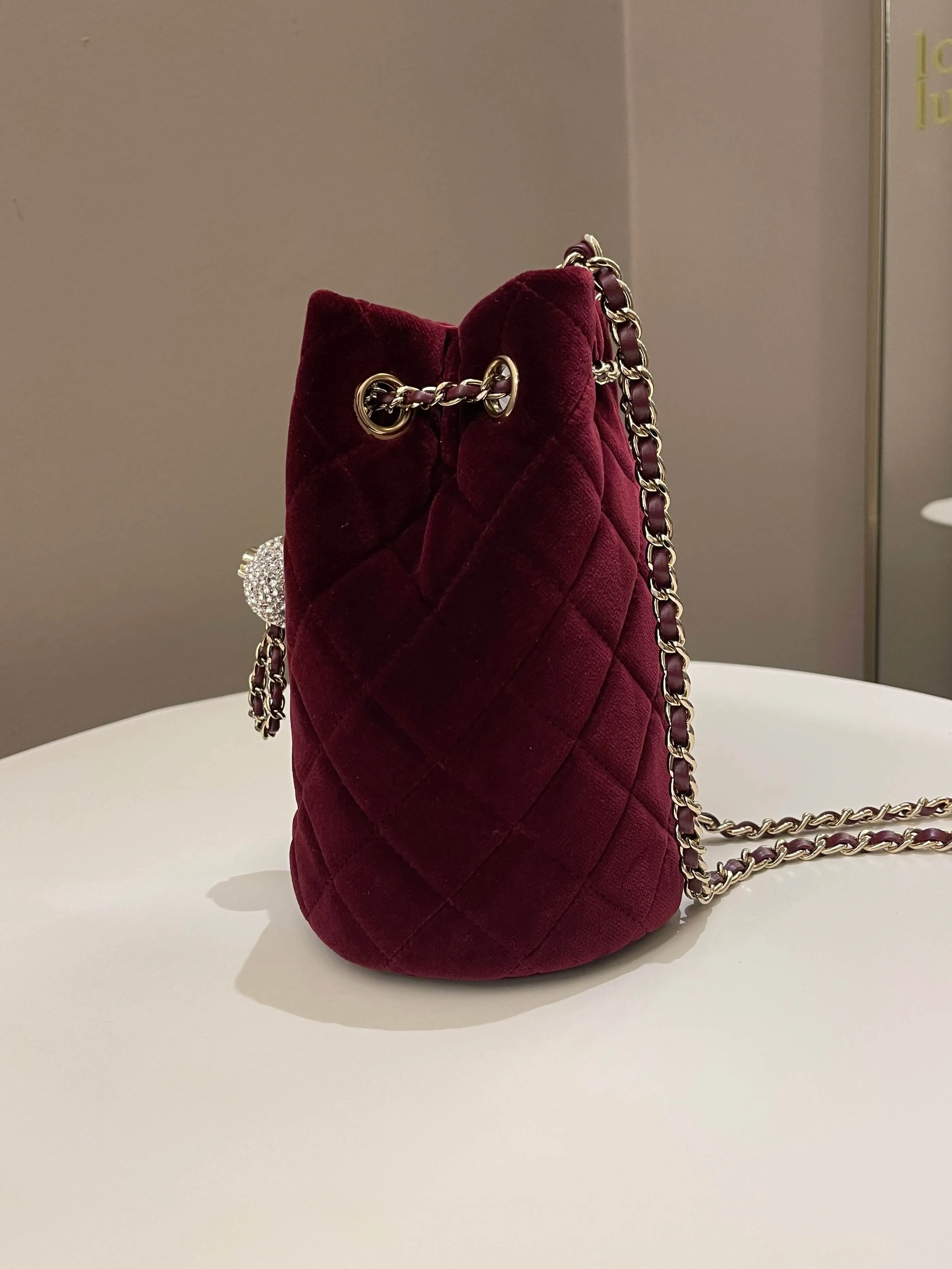 Chanel Diamanté Strass Drawstring Bag Dark Wine Velvet