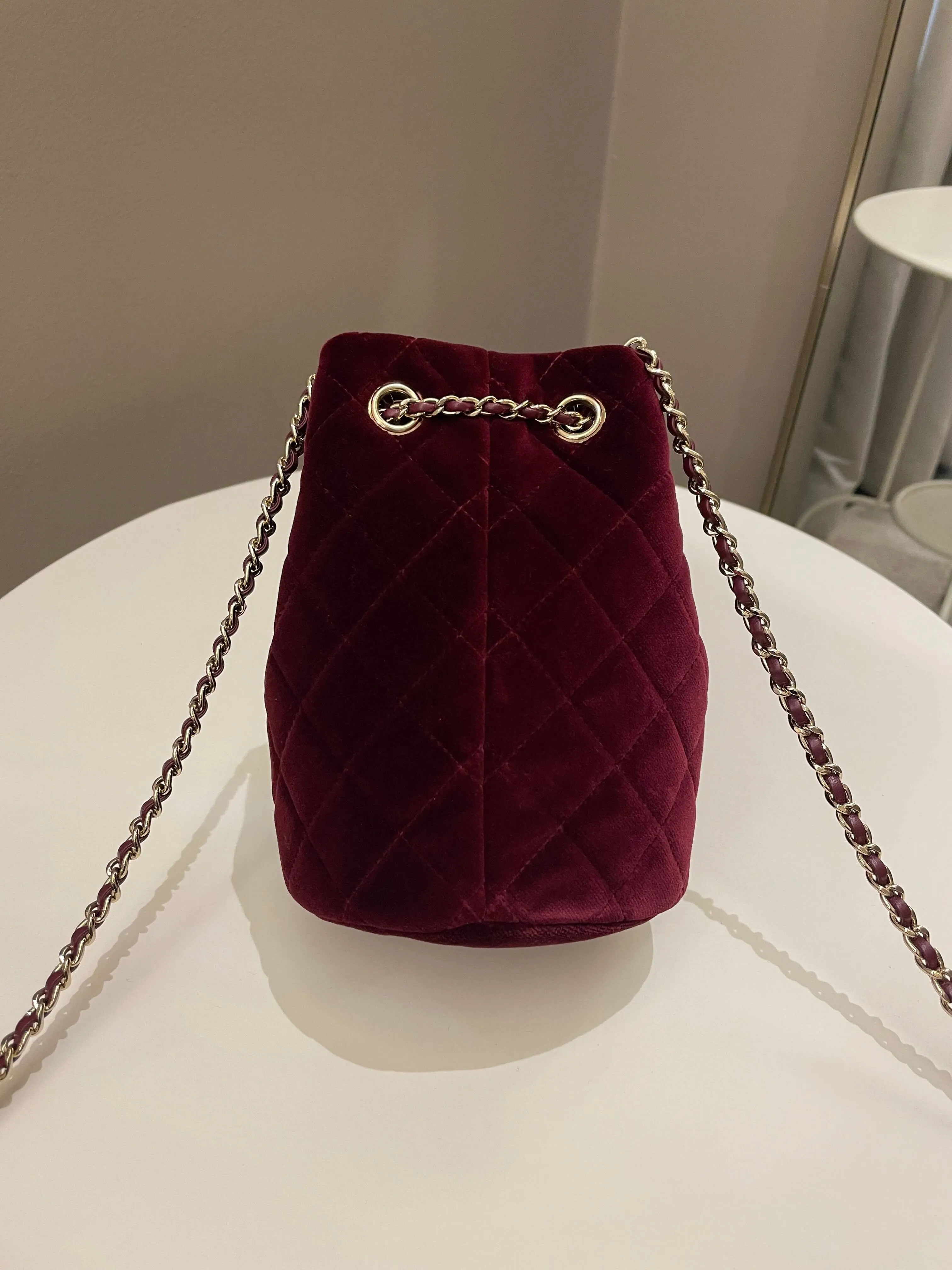 Chanel Diamanté Strass Drawstring Bag Dark Wine Velvet