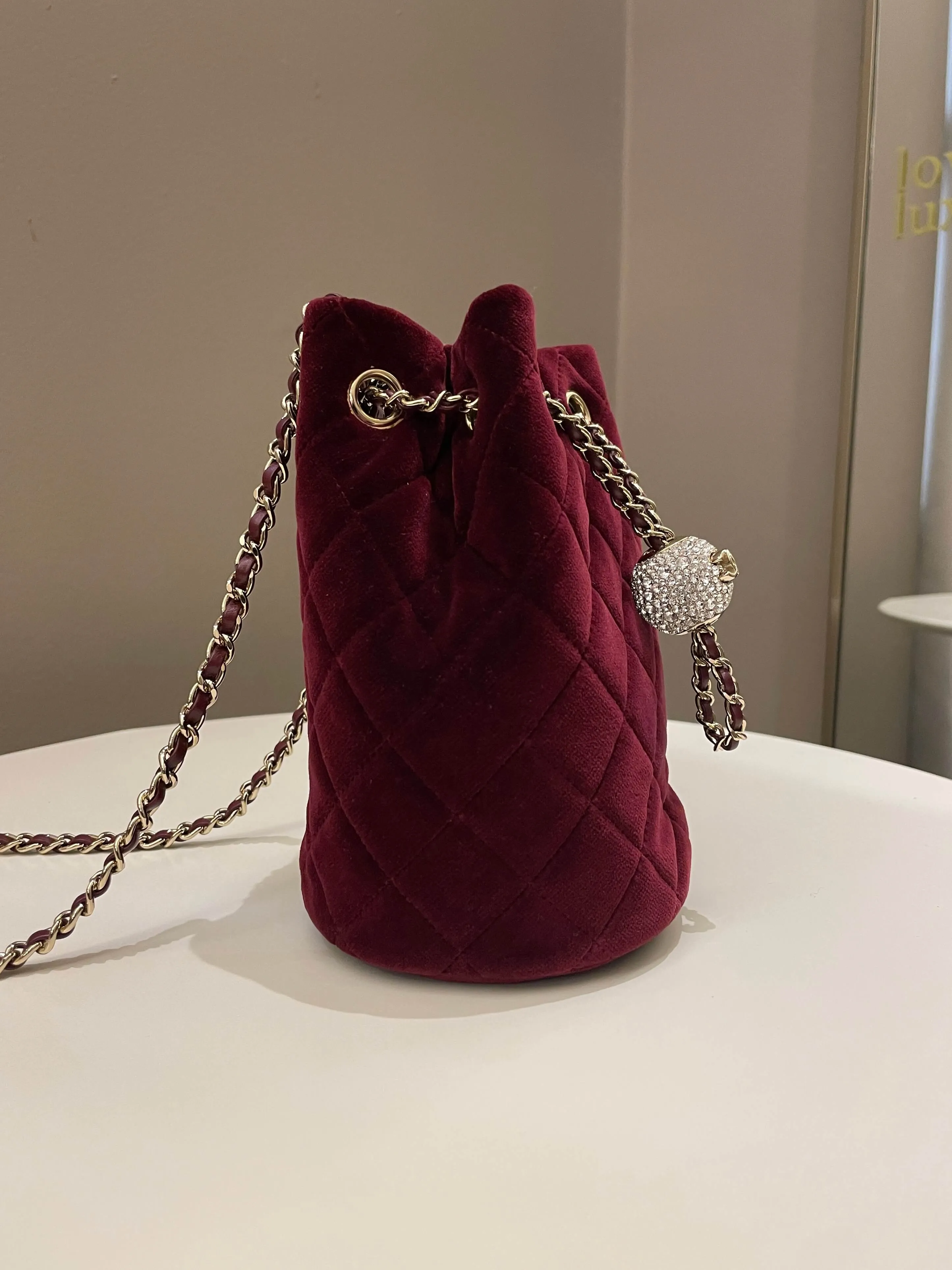 Chanel Diamanté Strass Drawstring Bag Dark Wine Velvet