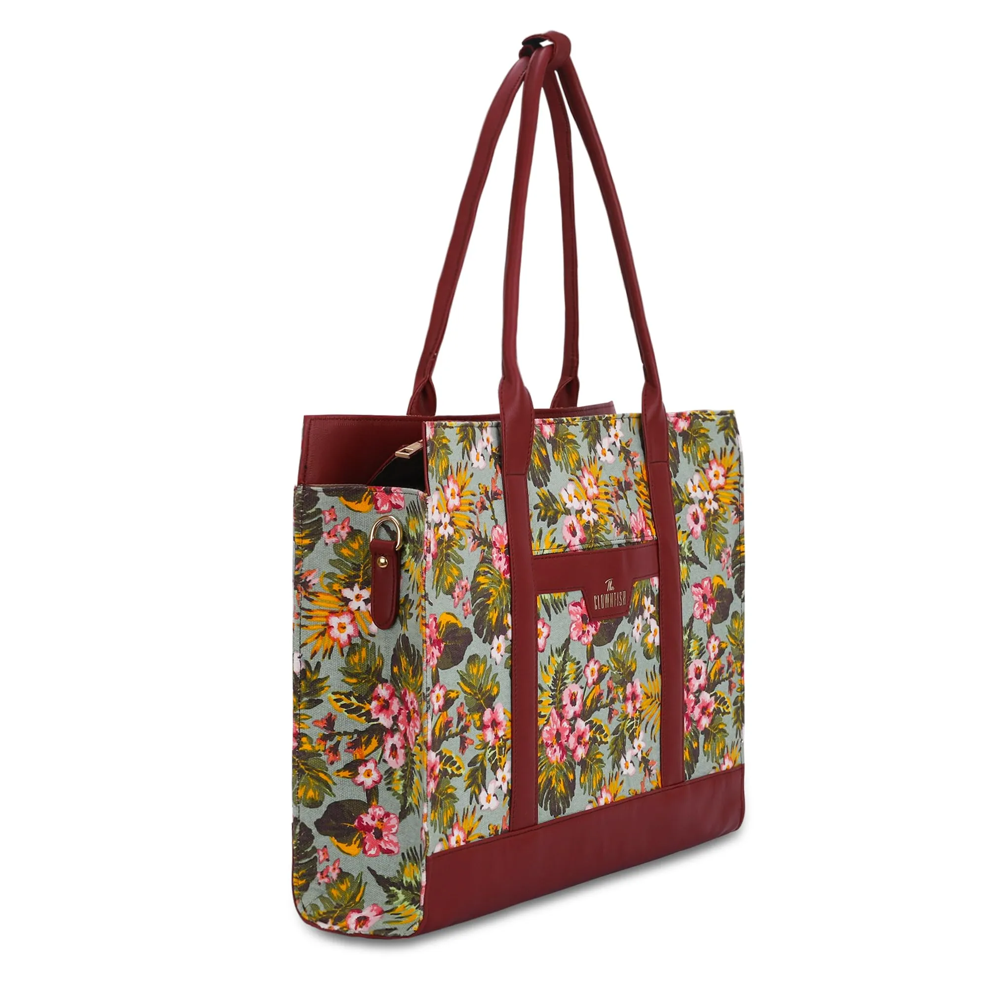 Clownfish Women's Laptop Handbag | Printed Canvas   Vegan Leather | Tote/Shoulder Bag for Women | 15.6 inch Laptop Sleeve | 17 Ltr Capacity | Women's Laptop Handbag with Sling Strap | Multicolor