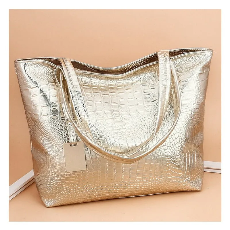 CrocLuxe Exotic Leather Zipper Tote Shoulder Bag