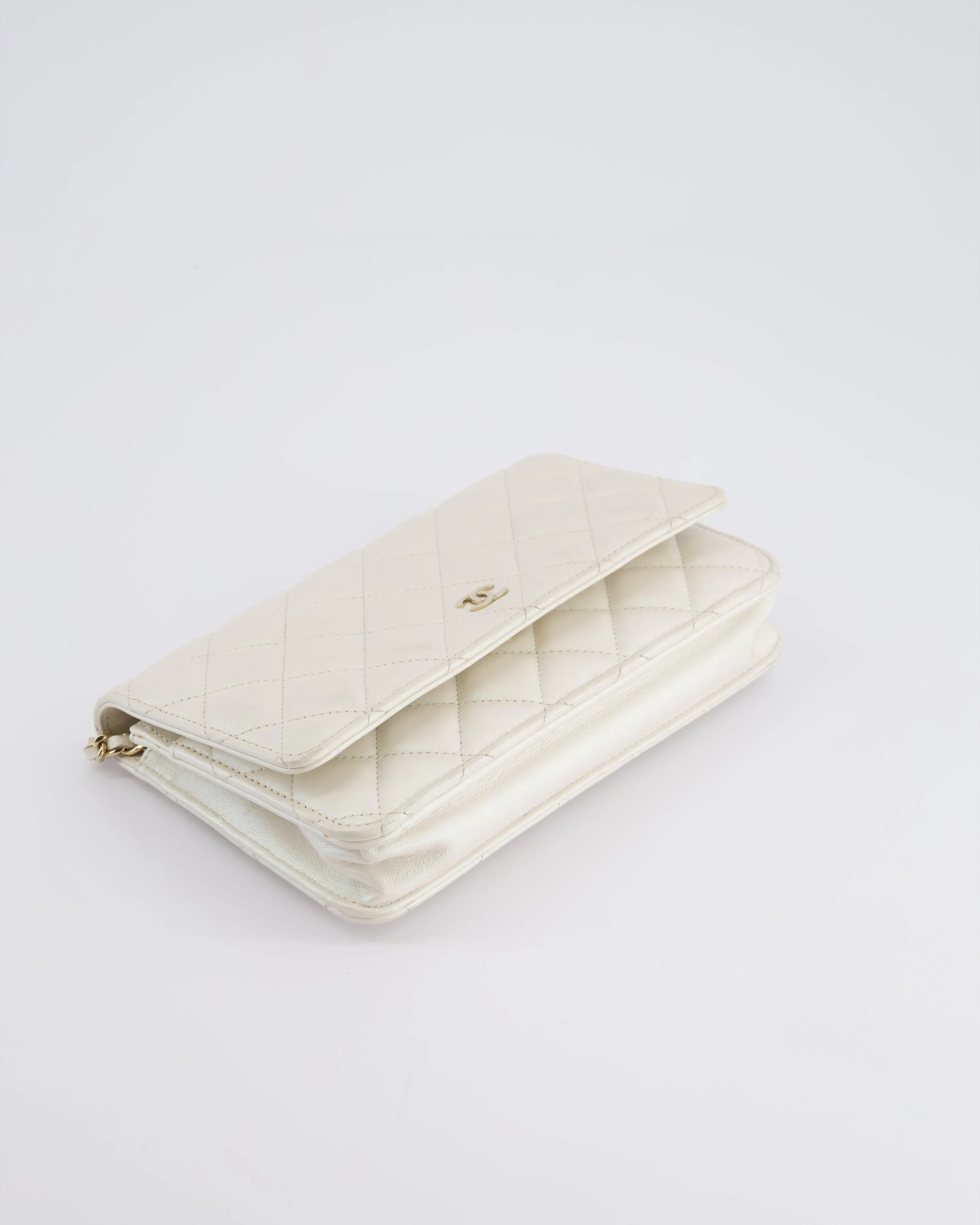 *HOT* Chanel Pearlescent Off-White Wallet on Chain Bag in Calfskin Leather with Champagne Gold Hardware