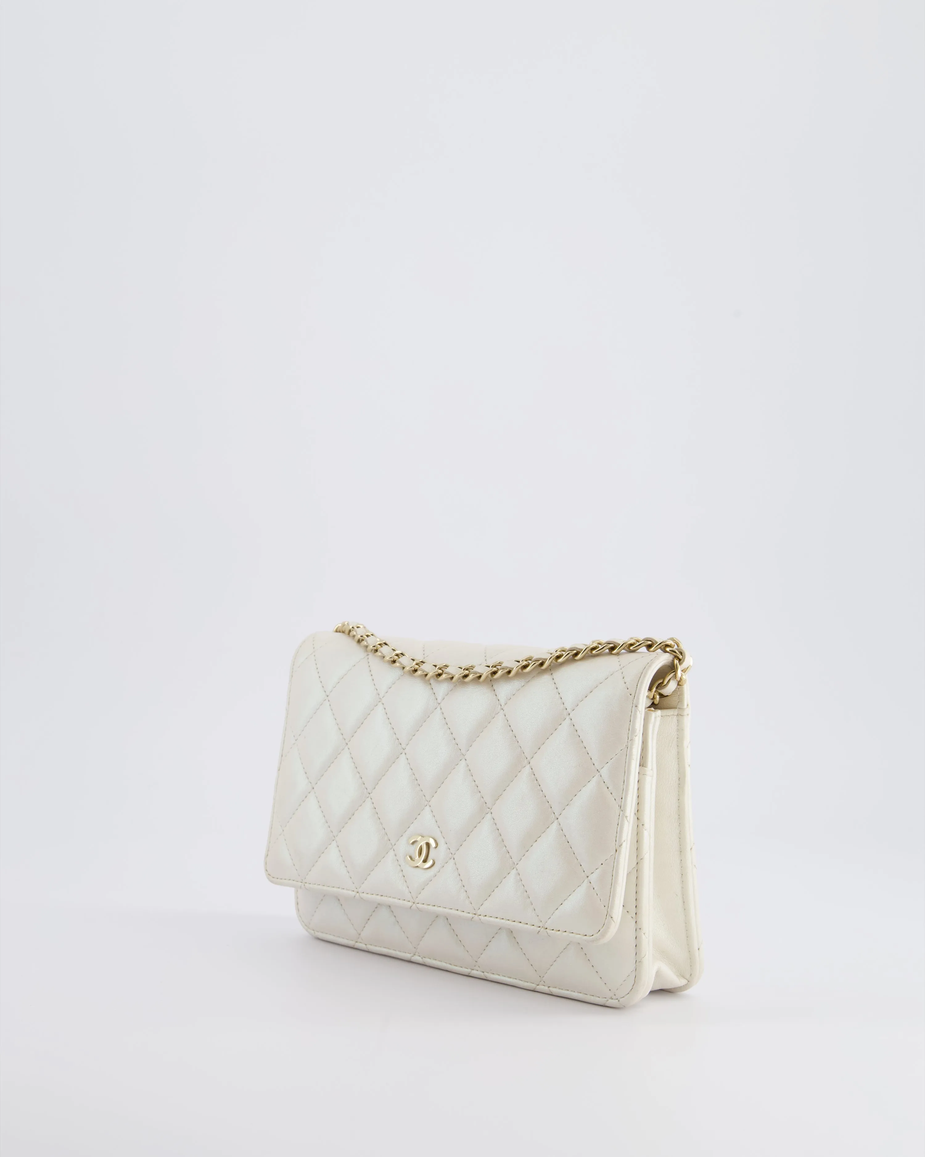 *HOT* Chanel Pearlescent Off-White Wallet on Chain Bag in Calfskin Leather with Champagne Gold Hardware