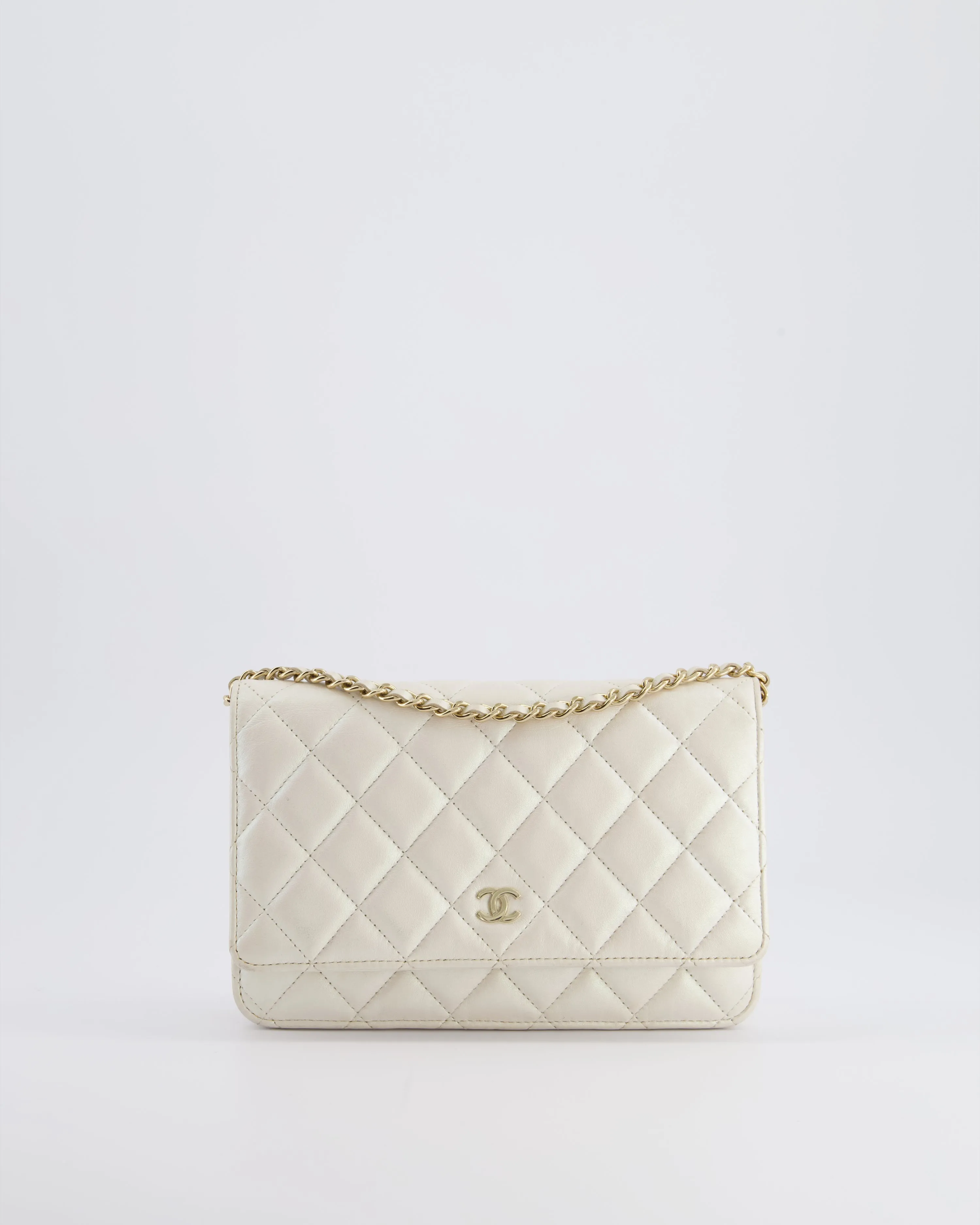*HOT* Chanel Pearlescent Off-White Wallet on Chain Bag in Calfskin Leather with Champagne Gold Hardware
