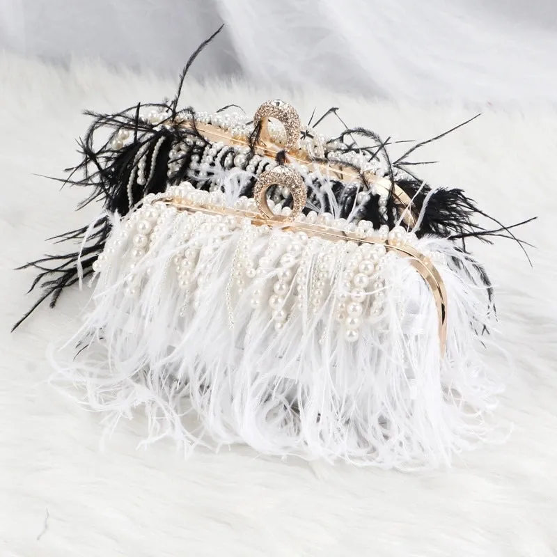 Light Grey Black Pink Polyester Solid Color Tassel Pearl Square Evening Bags