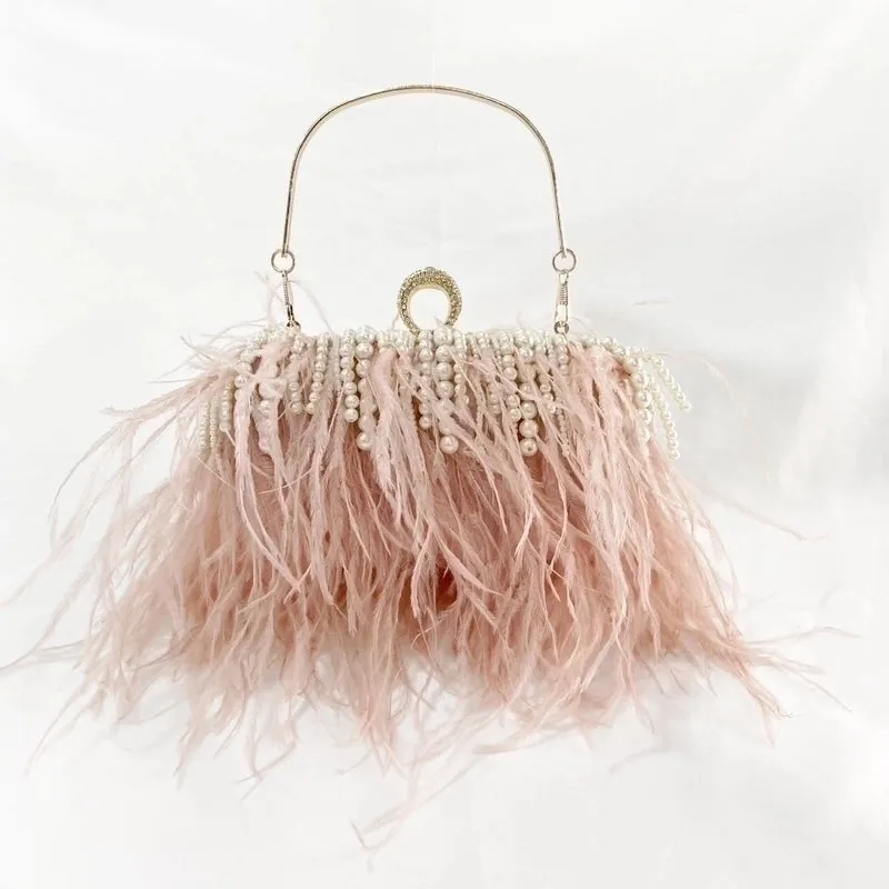 Light Grey Black Pink Polyester Solid Color Tassel Pearl Square Evening Bags