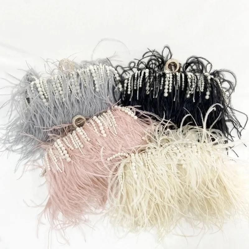 Light Grey Black Pink Polyester Solid Color Tassel Pearl Square Evening Bags