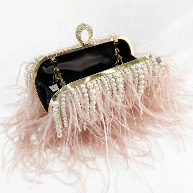 Light Grey Black Pink Polyester Solid Color Tassel Pearl Square Evening Bags