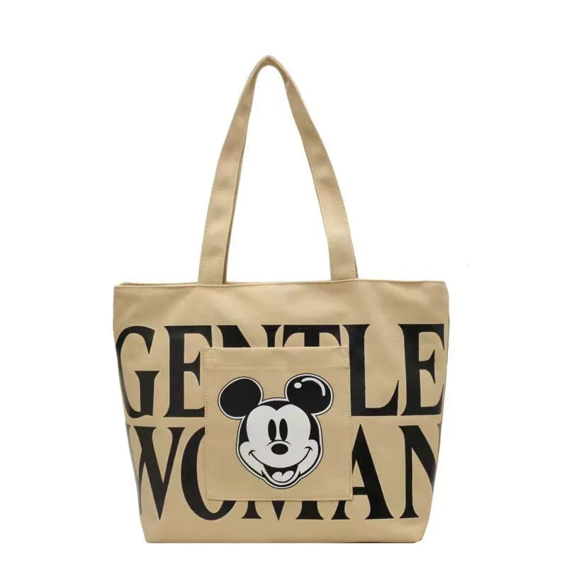 New Mickey Large Capacity Letter Canvas Bag Women's Mickey Fashion Shoulder Tote Bag Portable Shopping