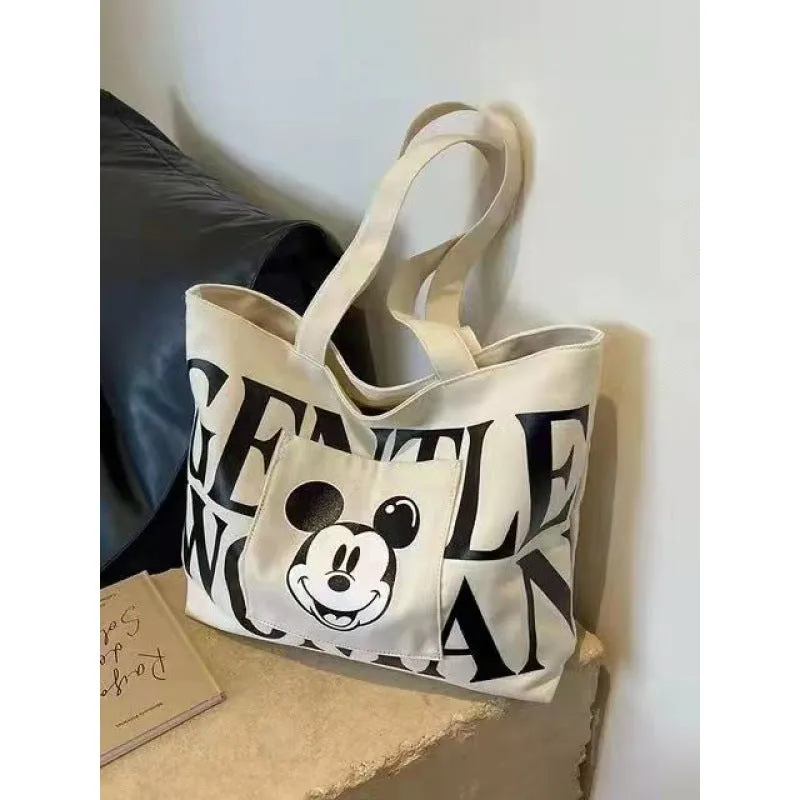 New Mickey Large Capacity Letter Canvas Bag Women's Mickey Fashion Shoulder Tote Bag Portable Shopping