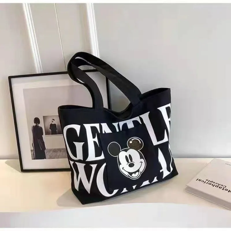 New Mickey Large Capacity Letter Canvas Bag Women's Mickey Fashion Shoulder Tote Bag Portable Shopping
