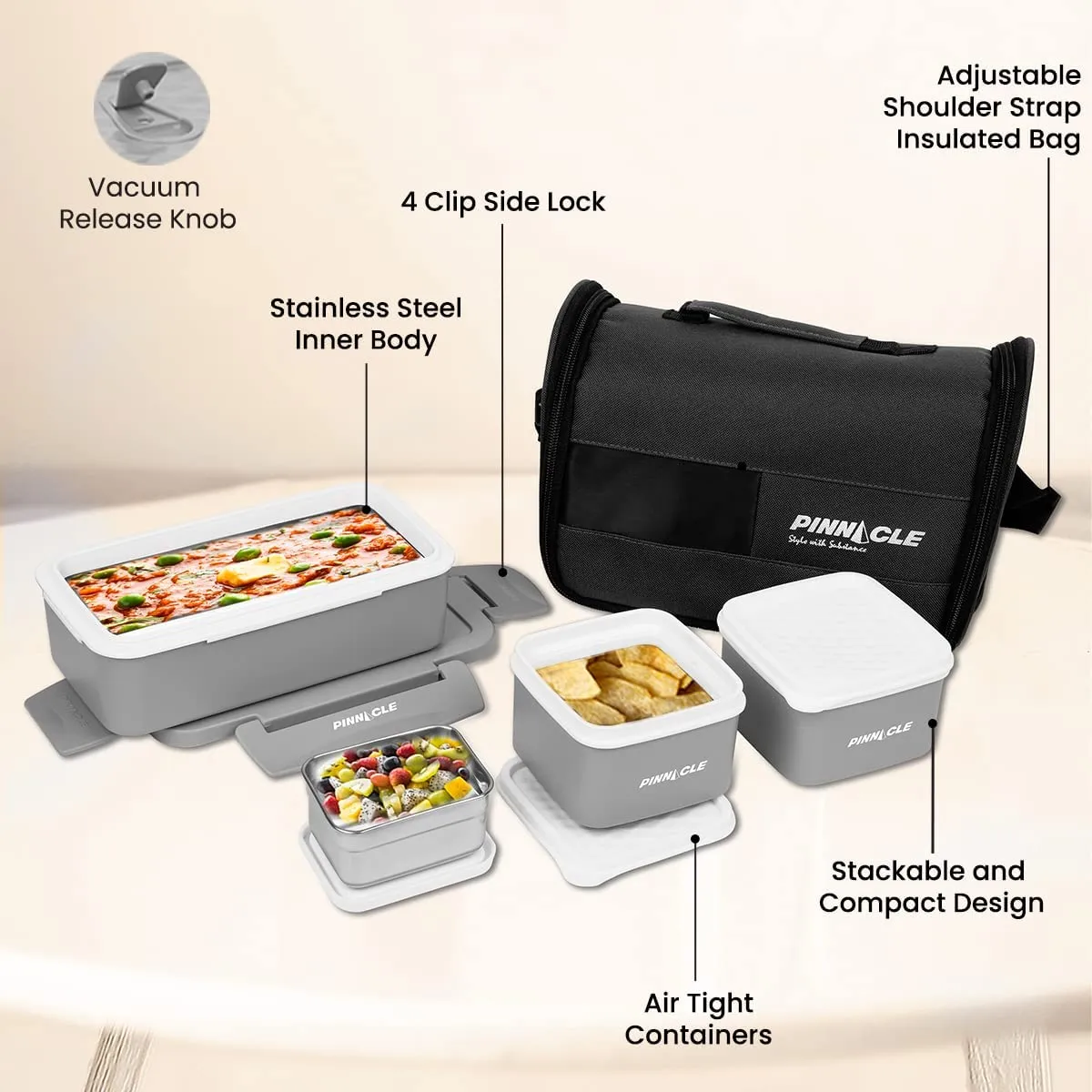 Pinnacle Prata Stainless Steel Lunch Box Kit with Insulated Bag | Lunch Box for Kids & Office Women | Lunch Box for School | Spoon & Fork Set | Leak Proof Lunch Box | 1250ml (Grey)