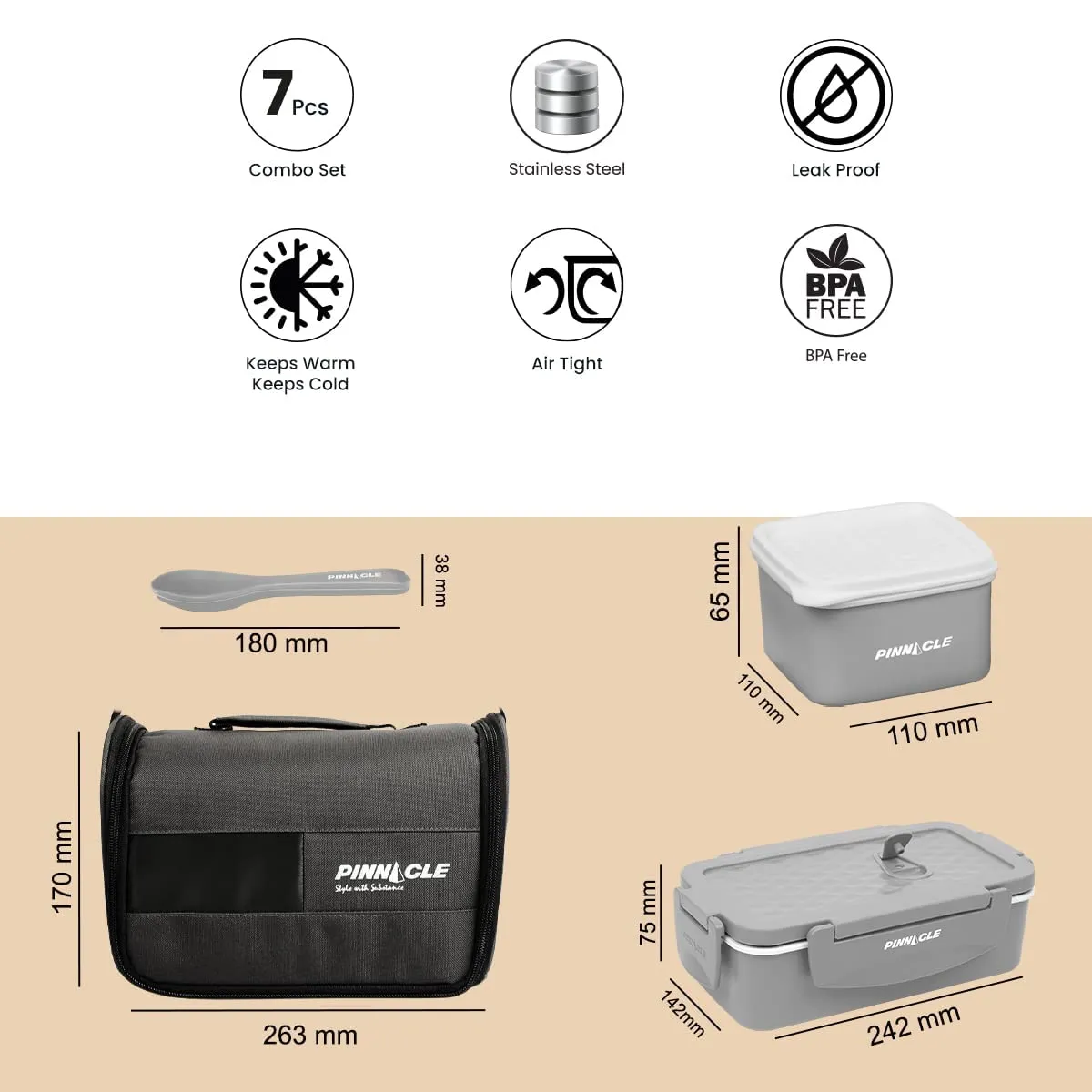 Pinnacle Prata Stainless Steel Lunch Box Kit with Insulated Bag | Lunch Box for Kids & Office Women | Lunch Box for School | Spoon & Fork Set | Leak Proof Lunch Box | 1250ml (Grey)