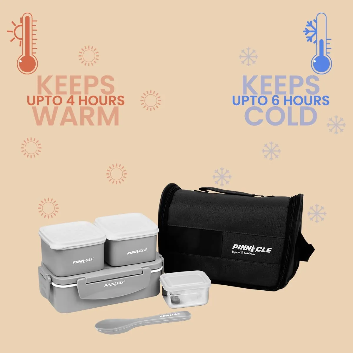 Pinnacle Prata Stainless Steel Lunch Box Kit with Insulated Bag | Lunch Box for Kids & Office Women | Lunch Box for School | Spoon & Fork Set | Leak Proof Lunch Box | 1250ml (Grey)