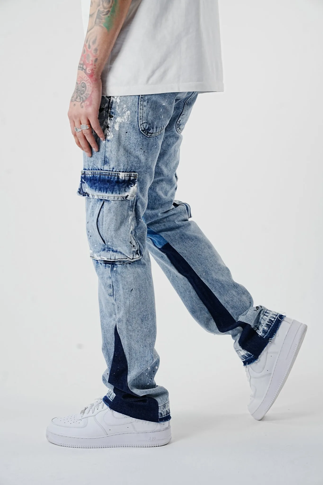 Premium Flared Painted Blue Cargo Jeans