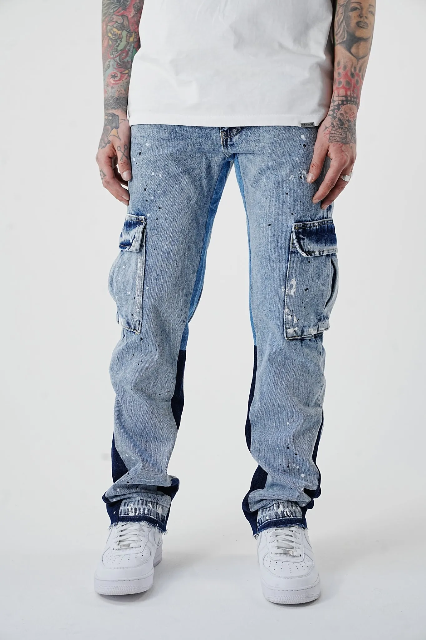 Premium Flared Painted Blue Cargo Jeans