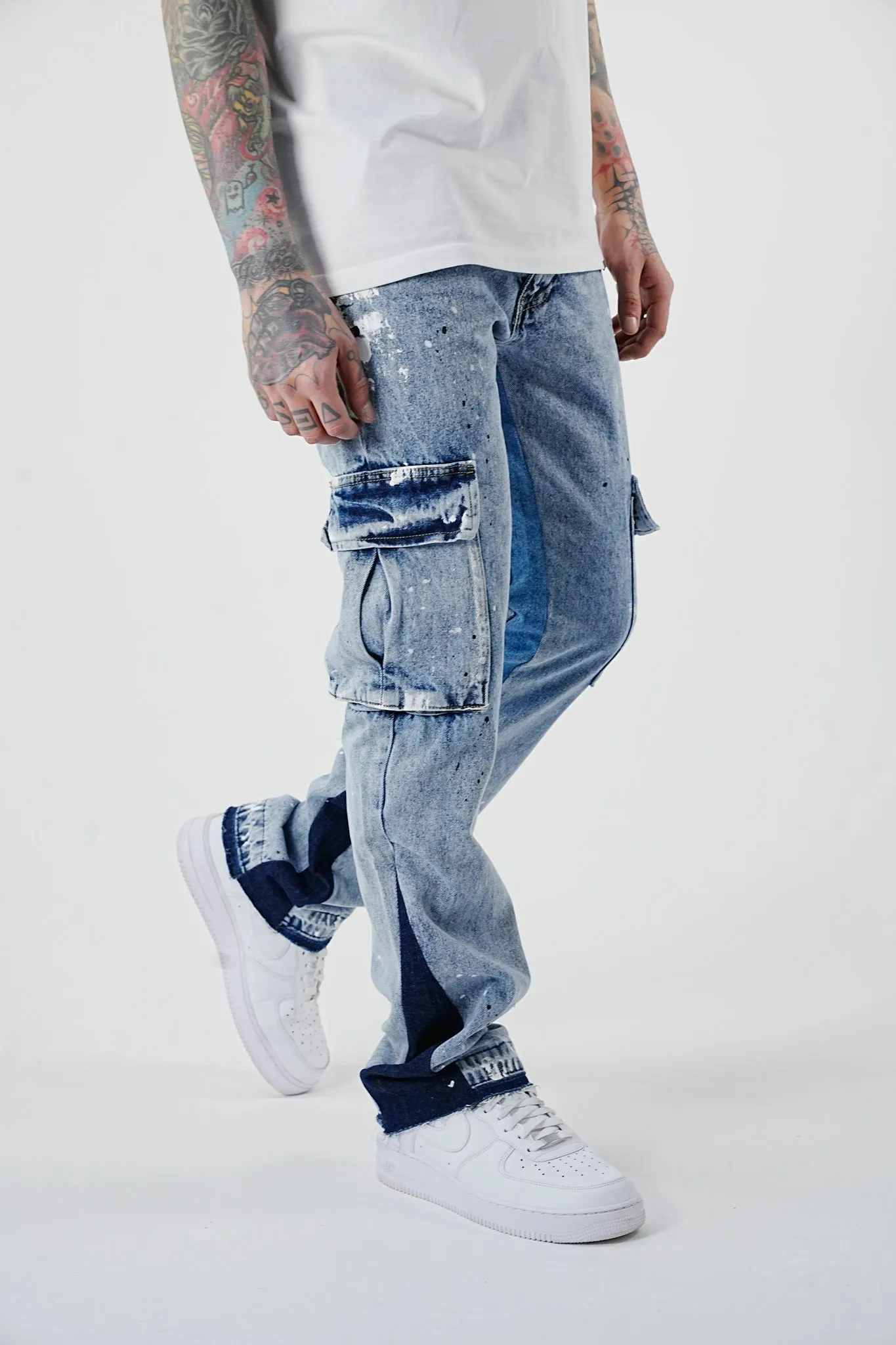 Premium Flared Painted Blue Cargo Jeans