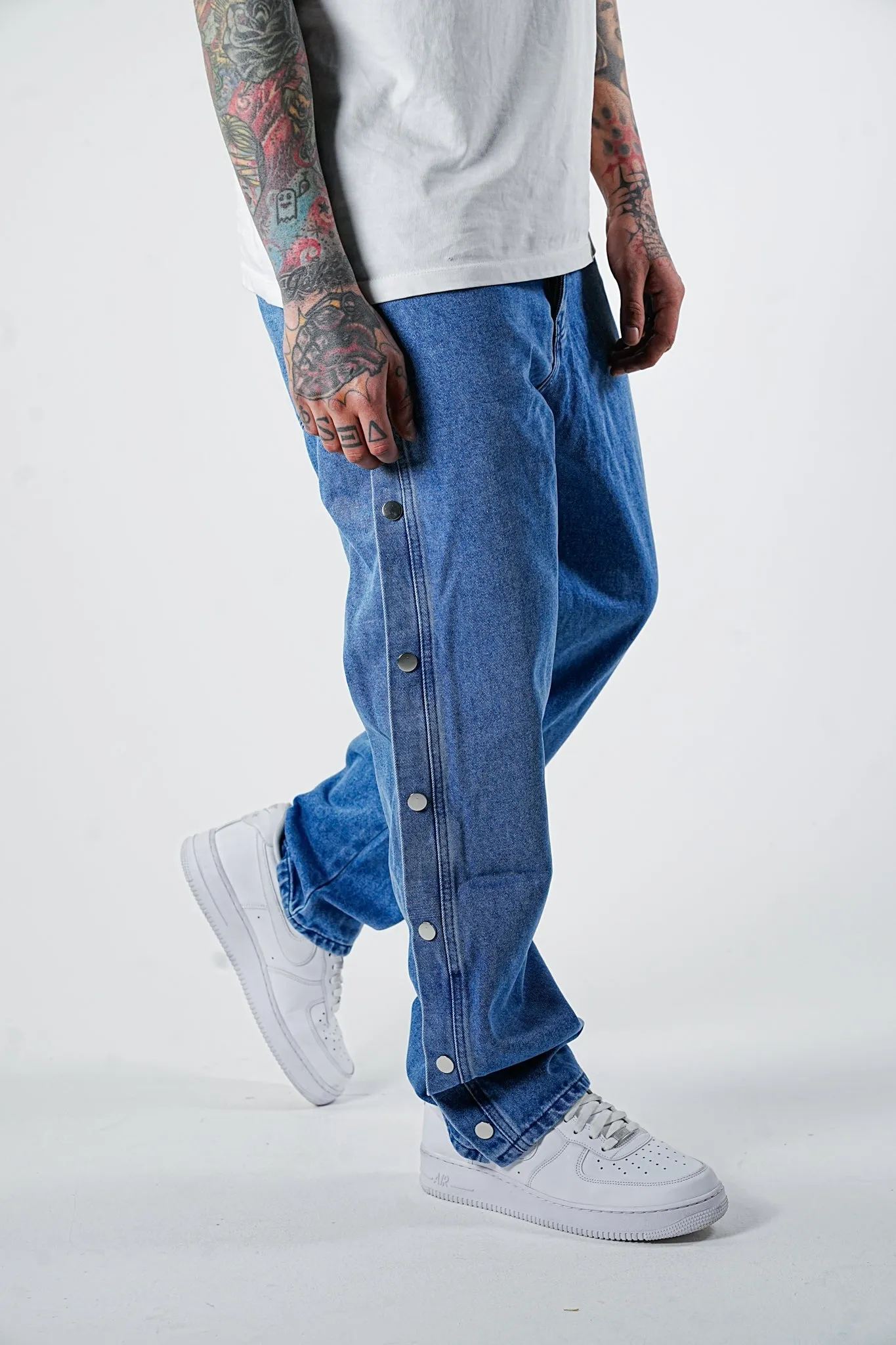 Premium Wide Fit Solid Buttons Blue Jeans