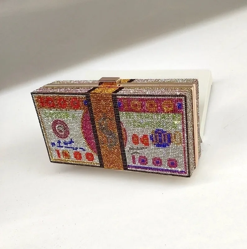 Red Blue Pink Plastic Rhinestone Dollar Pattern Square Clutch Evening Bag