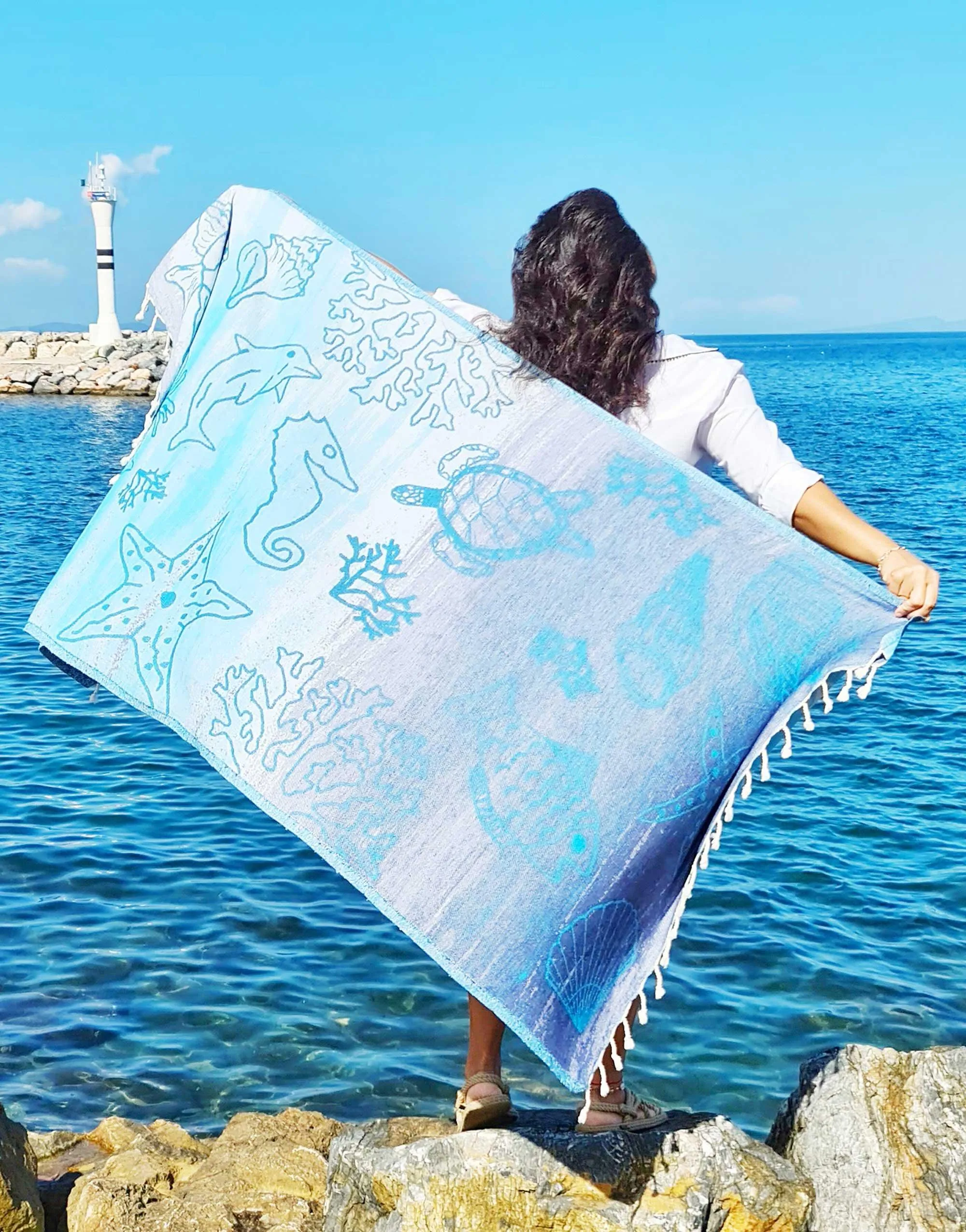 Set of 4 Turkish Beach Towels Nautical Series Pestemal 36"x63" , Ocean
